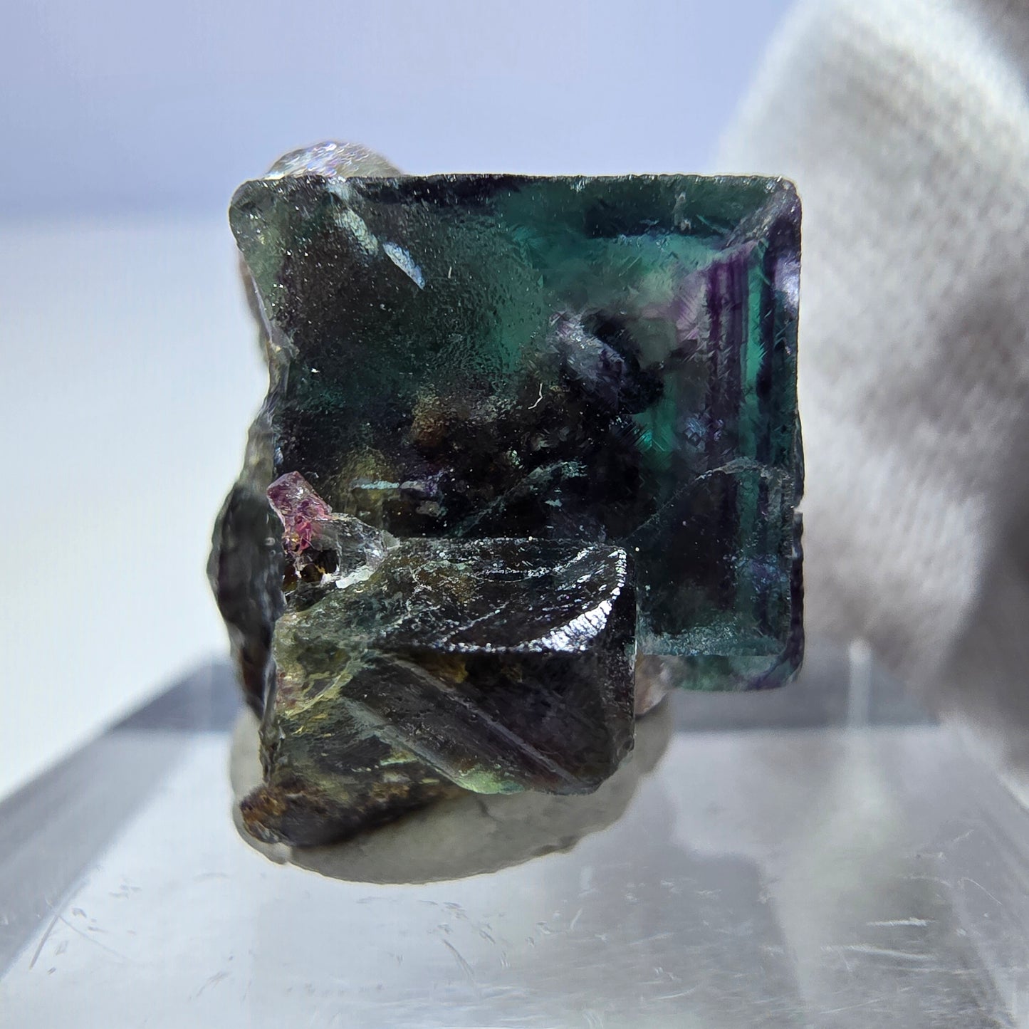 Spécimen rare de cube de fluorite fantôme, vert zonal et violet, Okorusu, Namibie, 22 x 15 x 17 mm