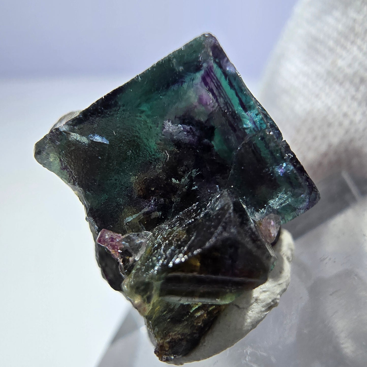 Spécimen rare de cube de fluorite fantôme, vert zonal et violet, Okorusu, Namibie, 22 x 15 x 17 mm