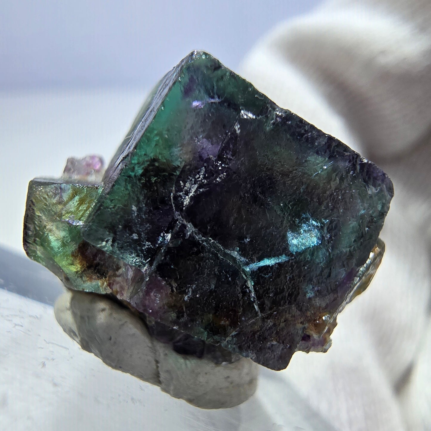 Spécimen rare de cube de fluorite fantôme, vert zonal et violet, Okorusu, Namibie, 22 x 15 x 17 mm