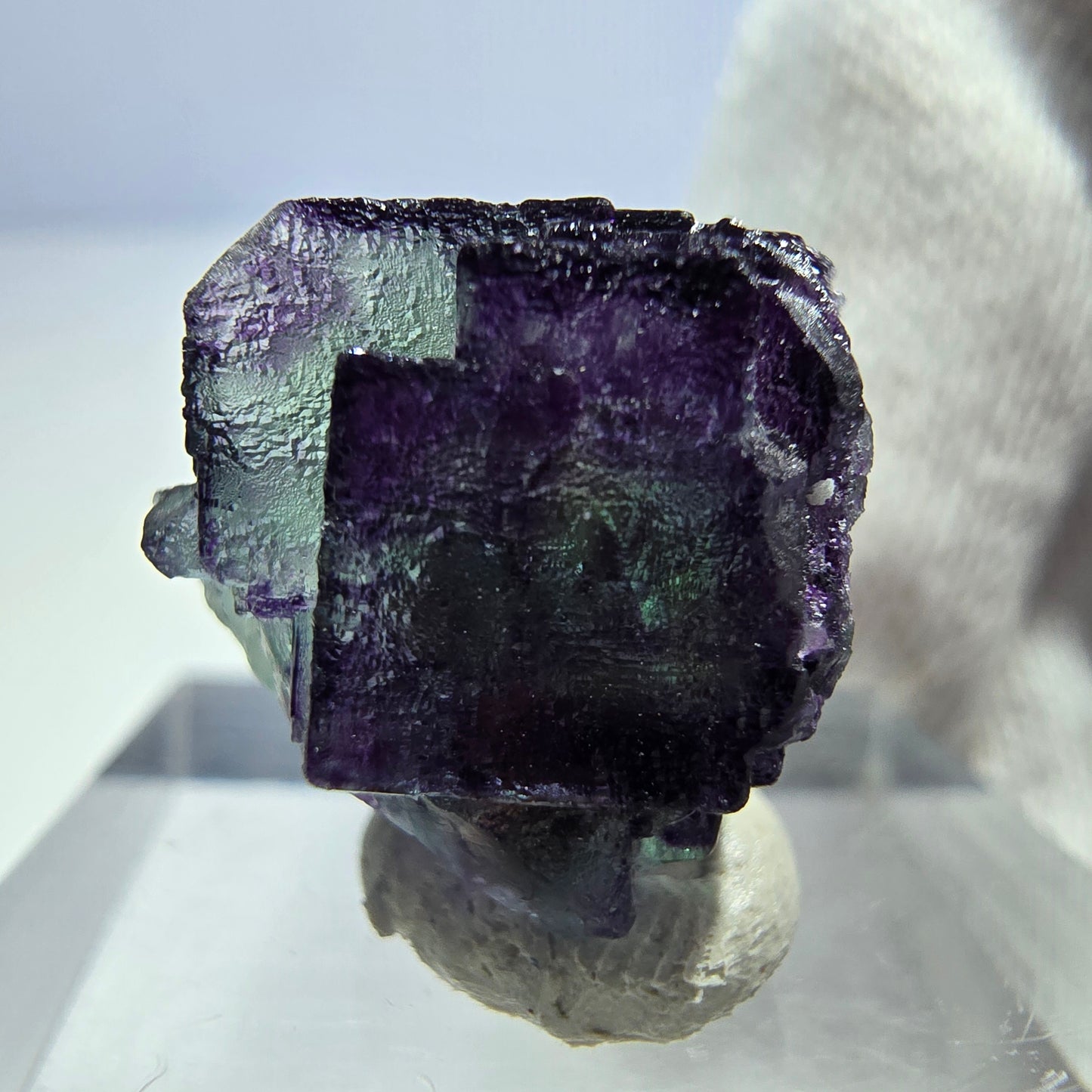 Rare spécimen de cube de fluorite fantôme, vert-violet zonal, Okorusu, Namibie, 16 x 14 x 14 mm