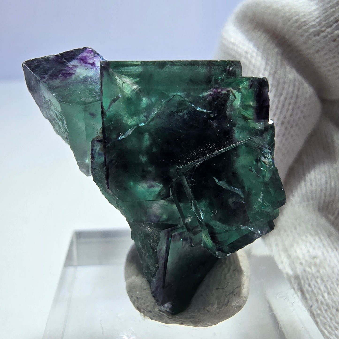 Rare spécimen de cube de fluorite fantôme, vert-violet zonal, Okorusu, Namibie, 31 x 21 x 15 mm