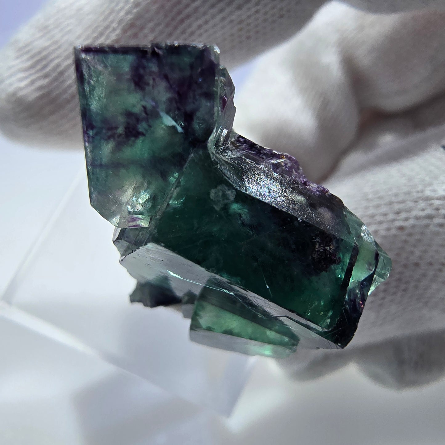 Rare spécimen de cube de fluorite fantôme, vert-violet zonal, Okorusu, Namibie, 31 x 21 x 15 mm