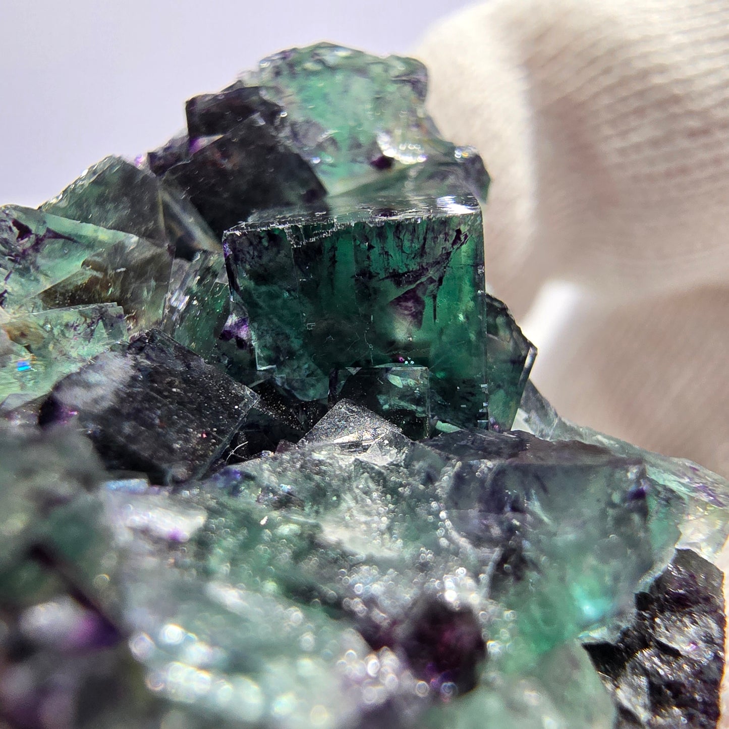 Spécimen rare de cube de fluorite fantôme, vert zonal et violet, Okorusu, Namibie, 38 x 32 x 13 mm