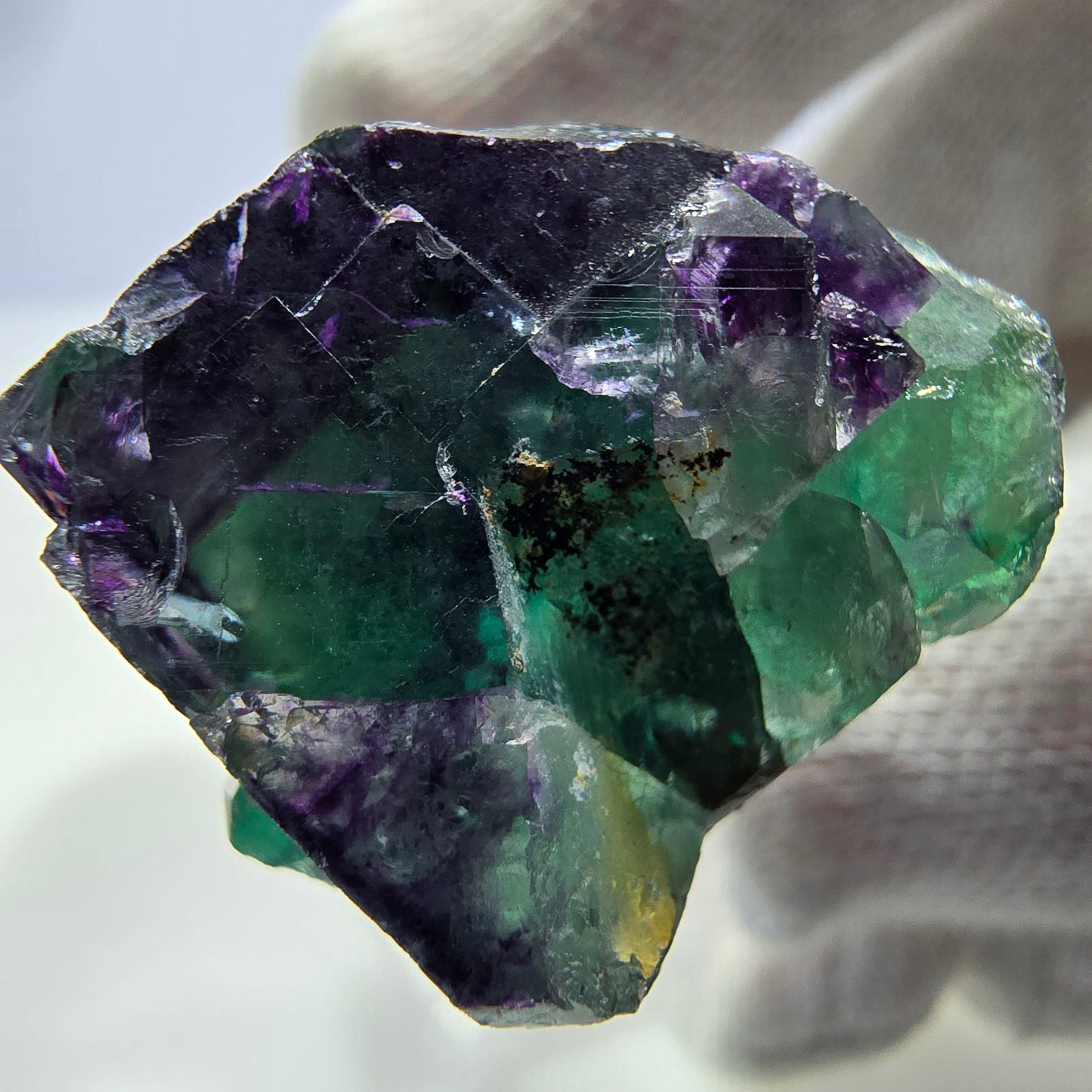 Spécimen rare de cube de fluorite fantôme, vert zonal et violet, Okorusu, Namibie, 31 x 39 x 20 mm