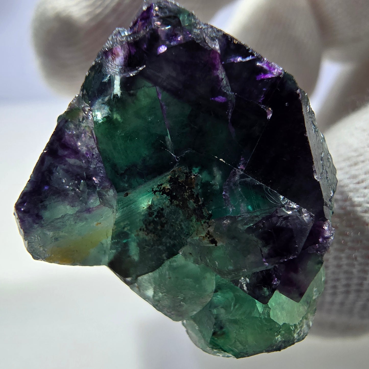 Spécimen rare de cube de fluorite fantôme, vert zonal et violet, Okorusu, Namibie, 31 x 39 x 20 mm