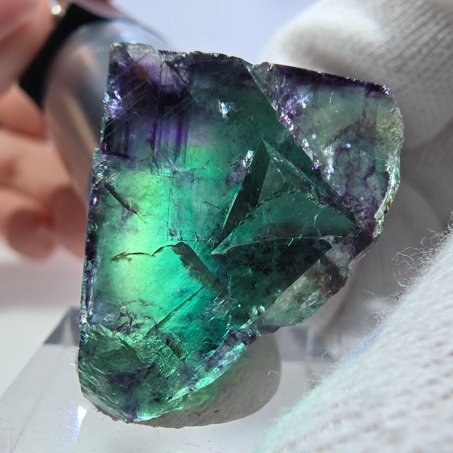Spécimen rare de cube de fluorite fantôme, vert zonal et violet, Okorusu, Namibie, 31 x 39 x 20 mm