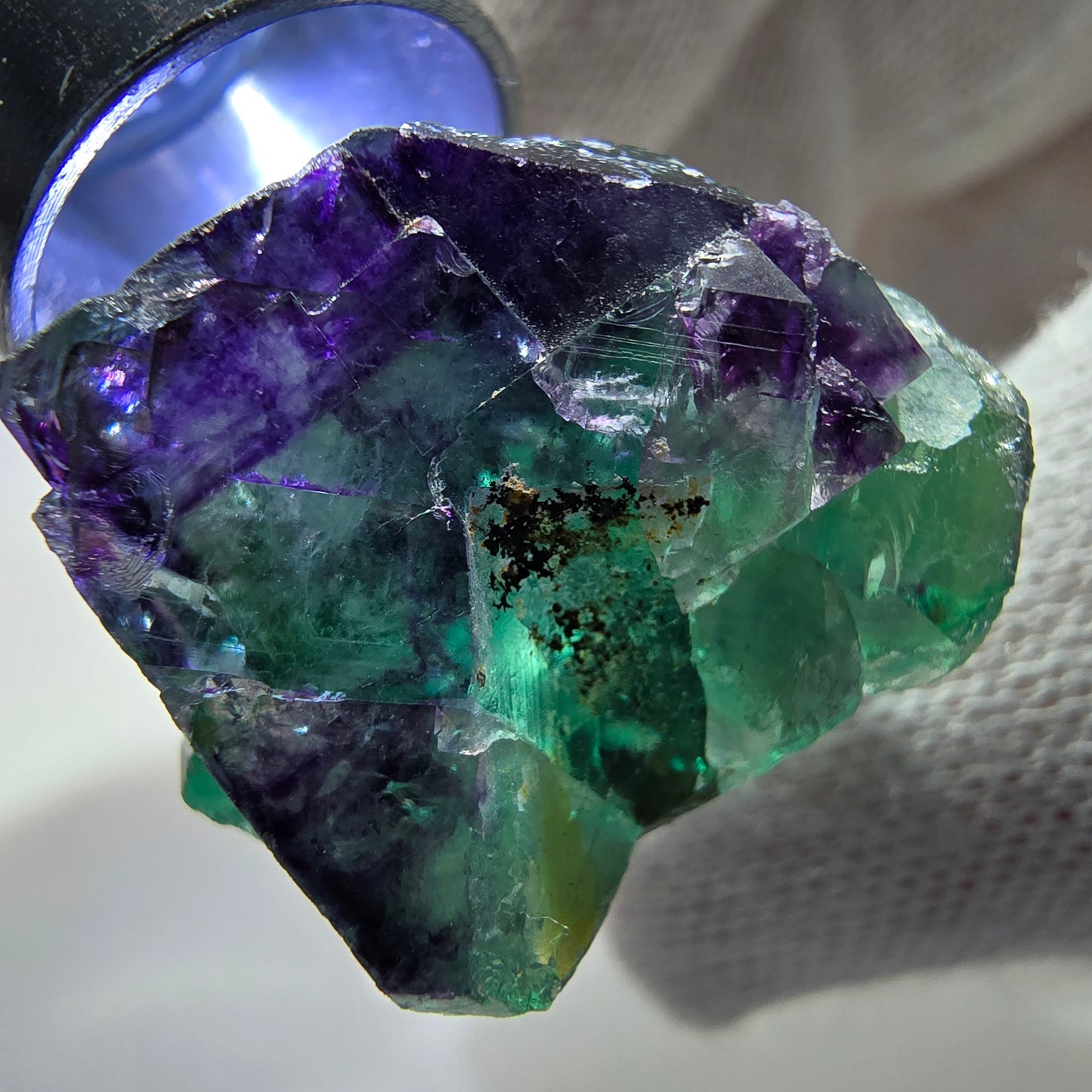 Spécimen rare de cube de fluorite fantôme, vert zonal et violet, Okorusu, Namibie, 31 x 39 x 20 mm