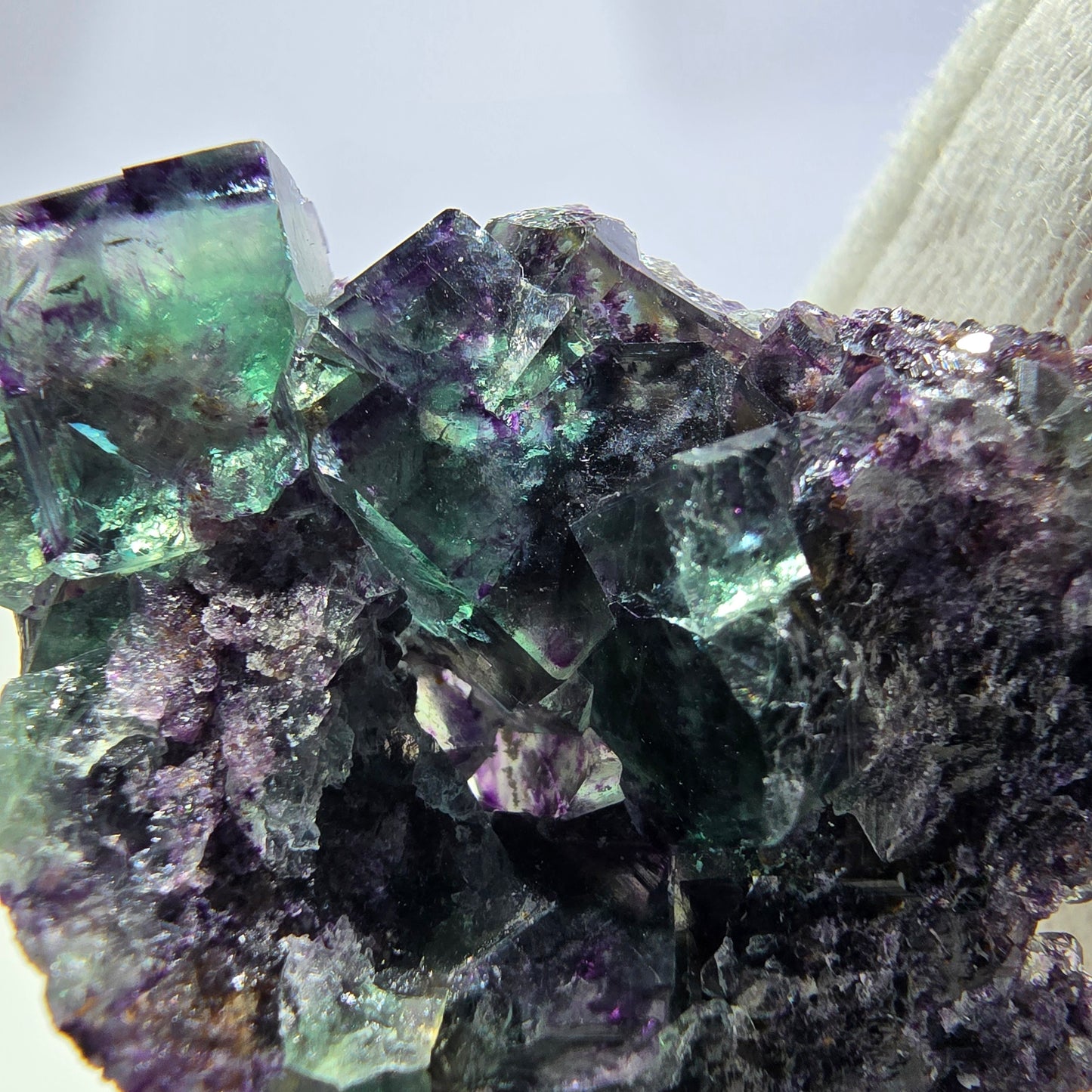 Seltene Phantom Fluorit Würfel Stufe zonal grün lila Okorusu, Namibia 43*36*15mm