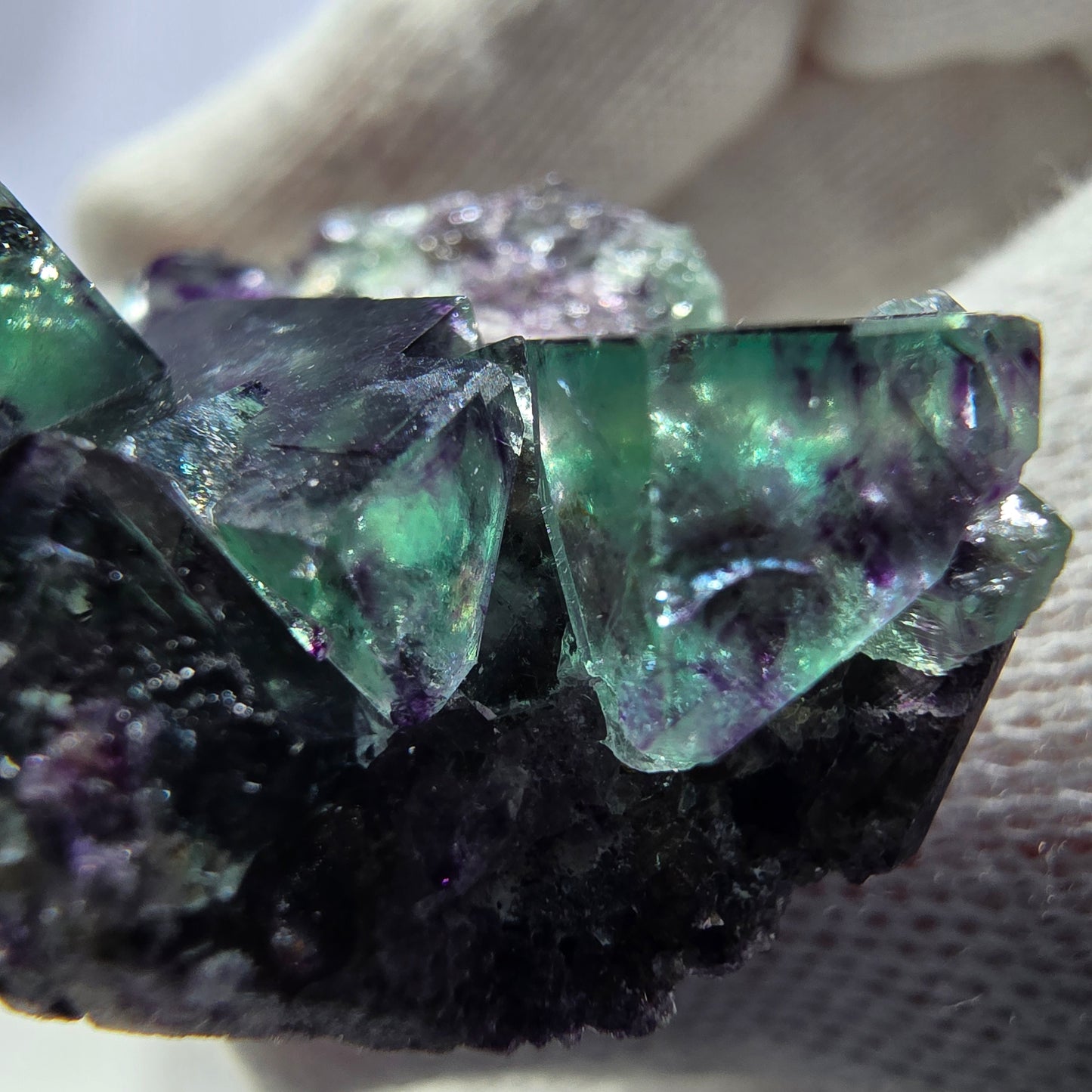 Seltene Phantom Fluorit Würfel Stufe zonal grün lila Okorusu, Namibia 43*36*15mm