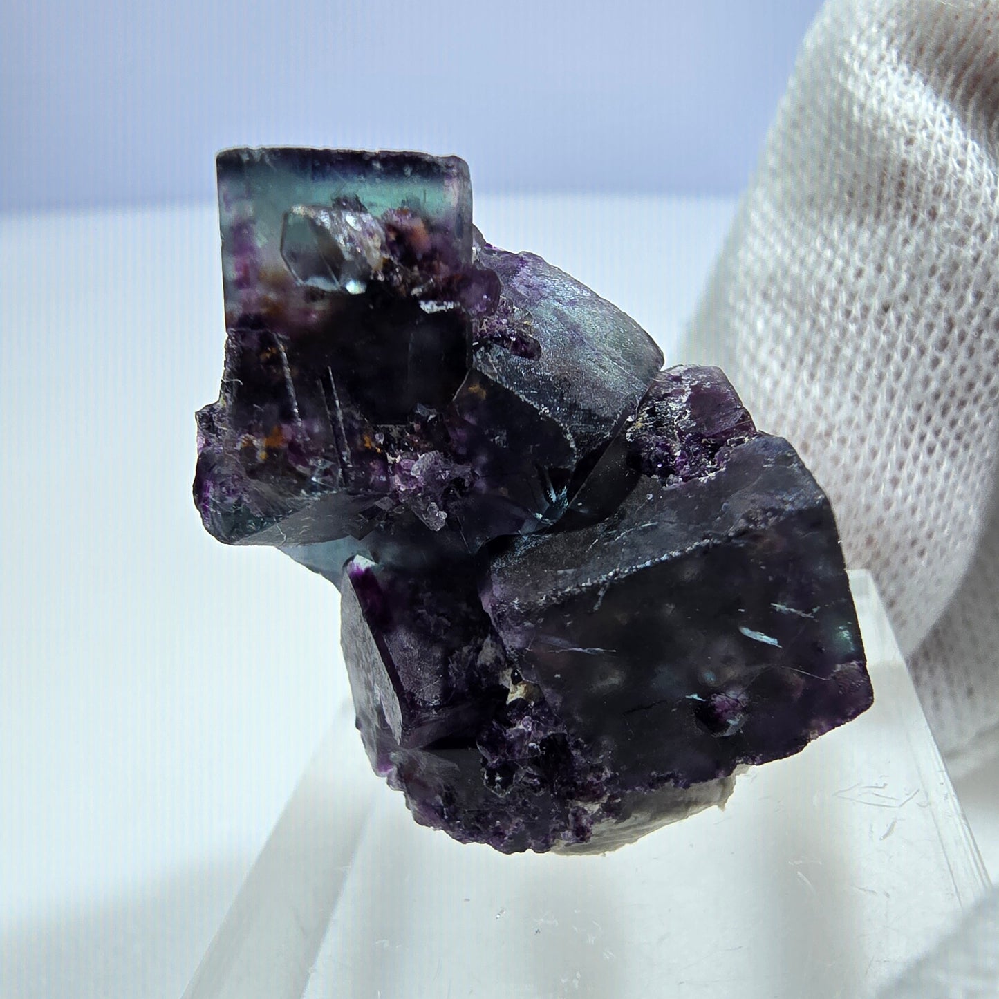 Spécimen rare de cube de fluorite fantôme, vert zonal et violet, Okorusu, Namibie, 30 x 21 x 17 mm