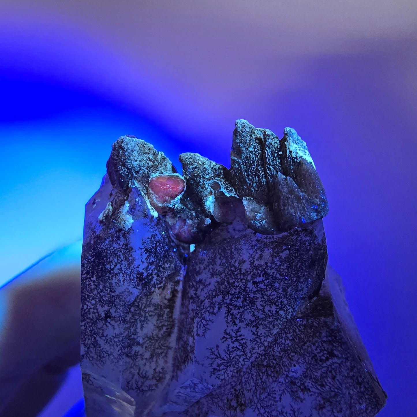 Quartz fumé squelette fantôme Enhydro, DT, calcite UV, Valentine Pocket Gob. Namibie, 107 x 41 x 27 mm