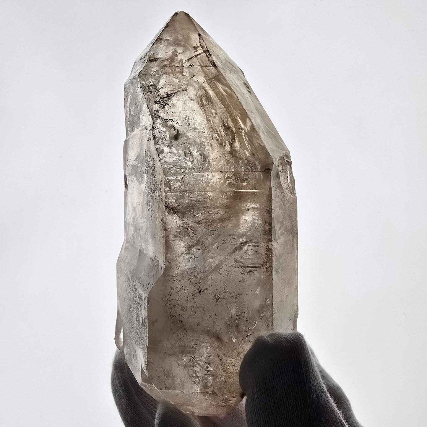 Quartz fumé squelette fantôme lémurien DT, calcite UV Valentine Pocket, Namibie 129 x 61 x 48 mm