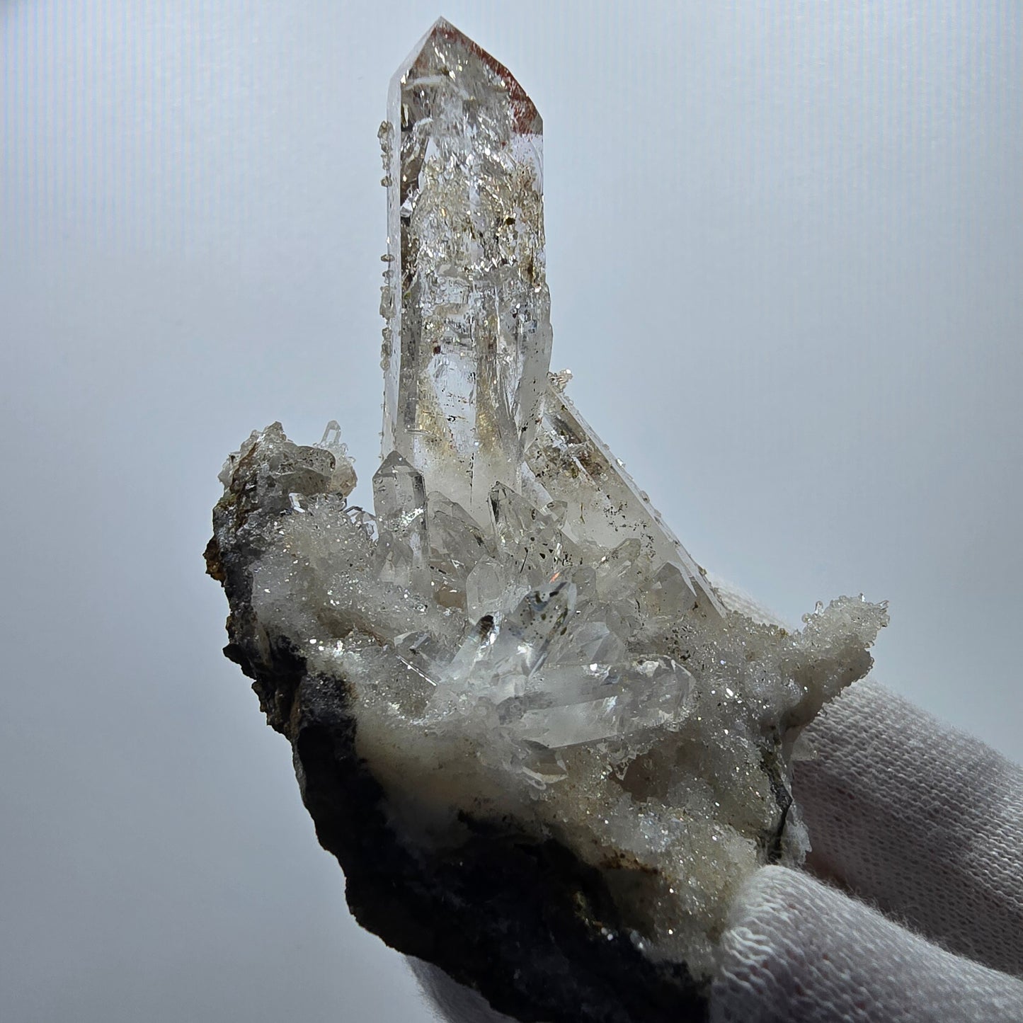 Quartz fumé hématite Enhydro, matrice de calcite, pochette Valentine 3 bulles, Namibie 58 x 46 x 29 mm