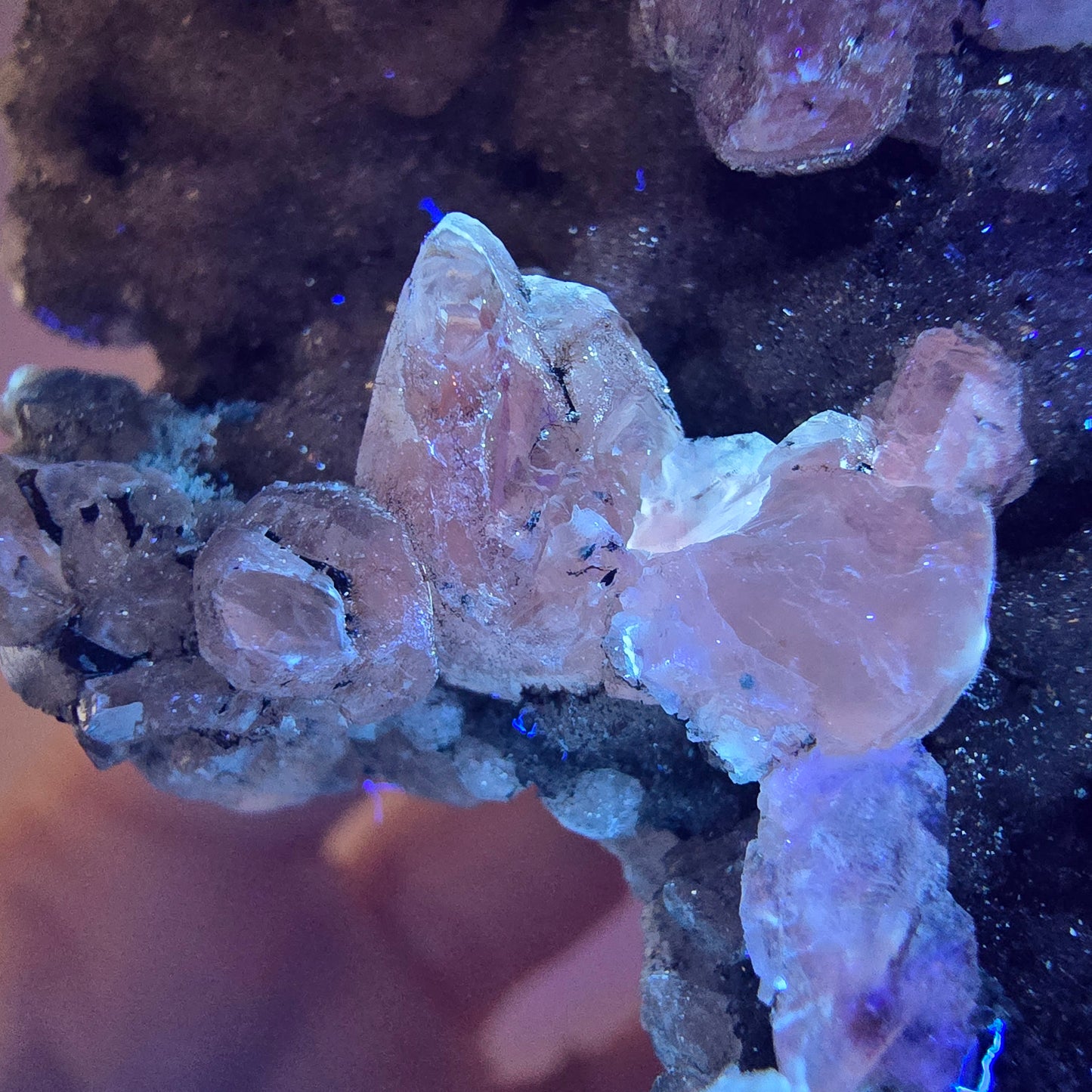 Quartz fumé Harlequin DT, calcite UV, spécimen de chrysocolle, Valentine Pocket, Namibie, 108 x 64 x 44 mm