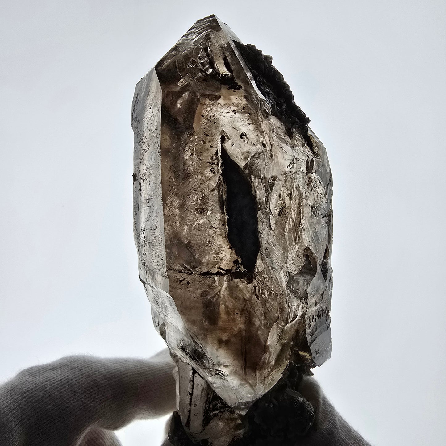 Sceptre en quartz fumé squelette Enhydro, calcite UV, 3 bulles, poche Saint-Valentin, Namibie, 149 x 71 x 52 mm