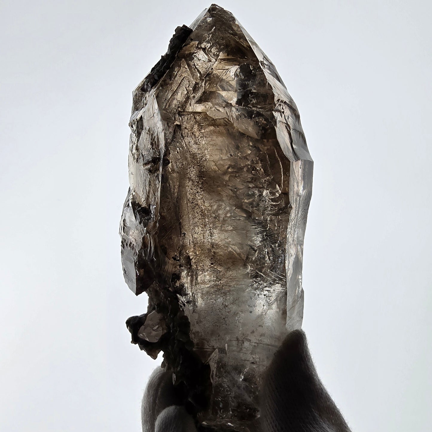 Sceptre en quartz fumé squelette Enhydro, calcite UV, 3 bulles, poche Saint-Valentin, Namibie, 149 x 71 x 52 mm