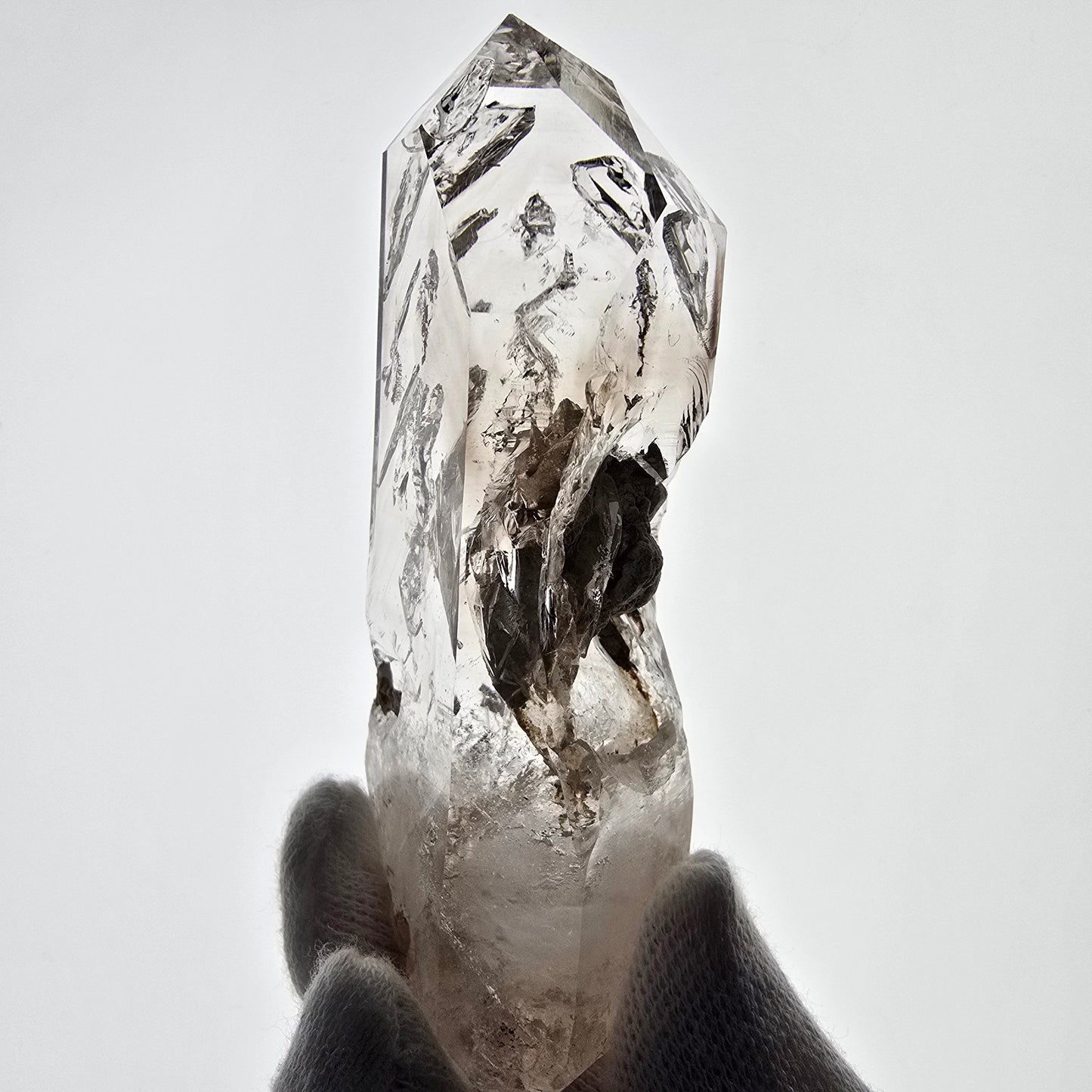 Sceptre en quartz fumé Window Phantom, calcite UV Valentine Pocket Goboboseb Namibie 90 x 38 x 25 mm