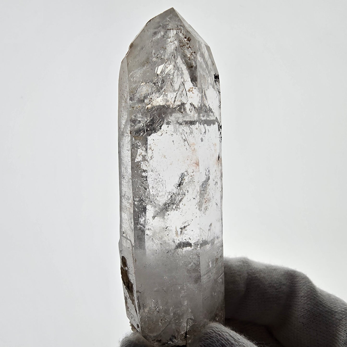 Quartz fumé squelette fantôme lémurien DT, calcite UV Valentine Pocket, Namibie 91 x 26 x 19 mm