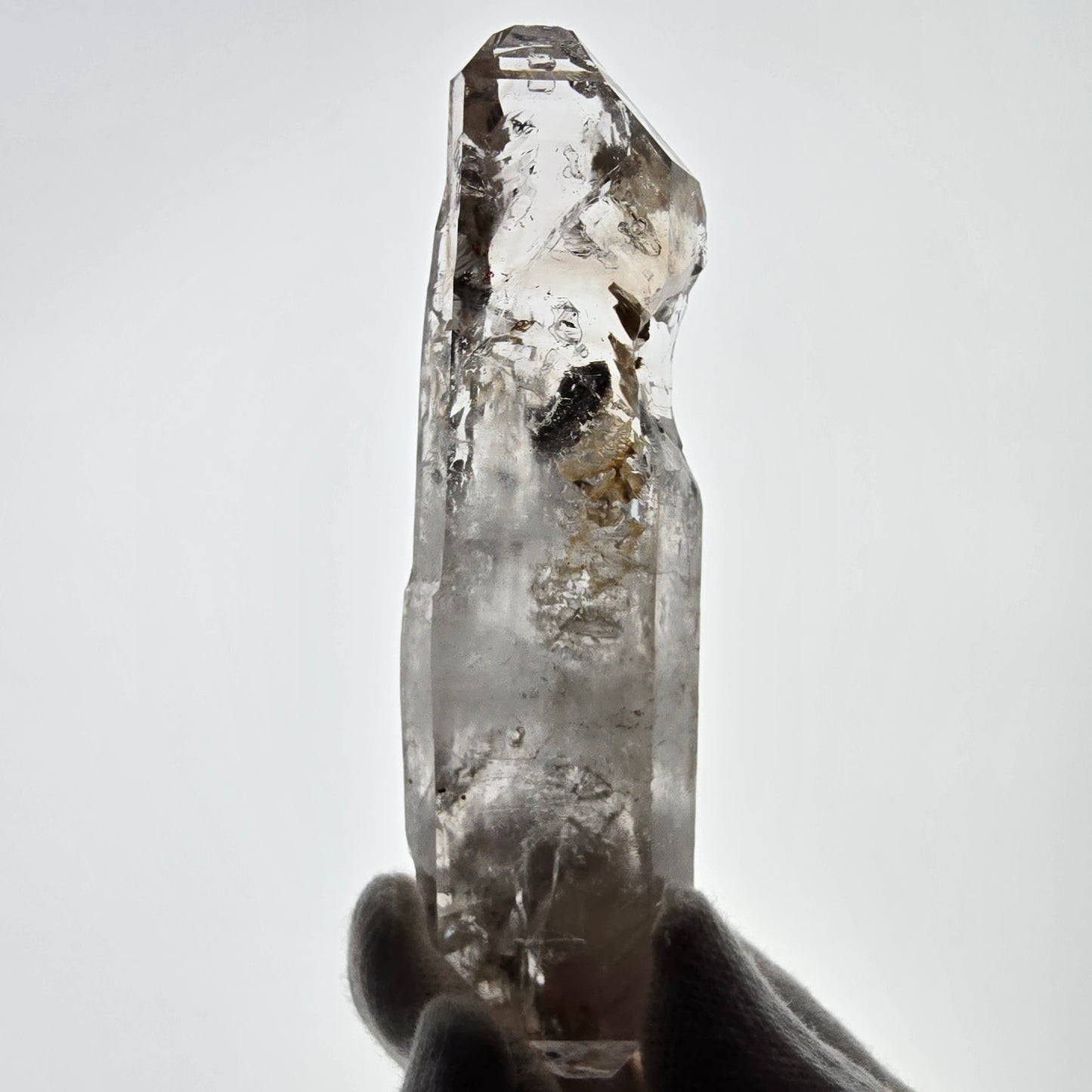 Quartz fumé squelette Enhydro DT, calcite UV, pochette Valentine 3x Bubble, Namibie 118 x 34 x 29 mm