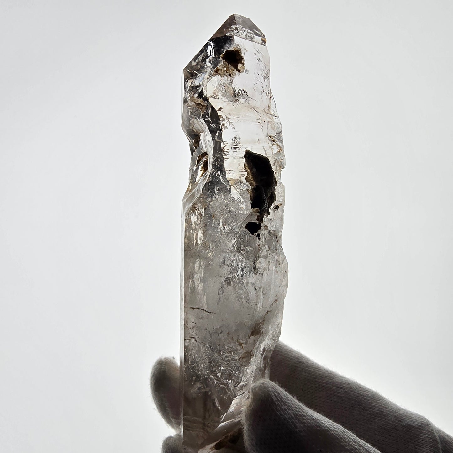 Quartz fumé squelette Enhydro DT, calcite UV, pochette Valentine 3x Bubble, Namibie 118 x 34 x 29 mm