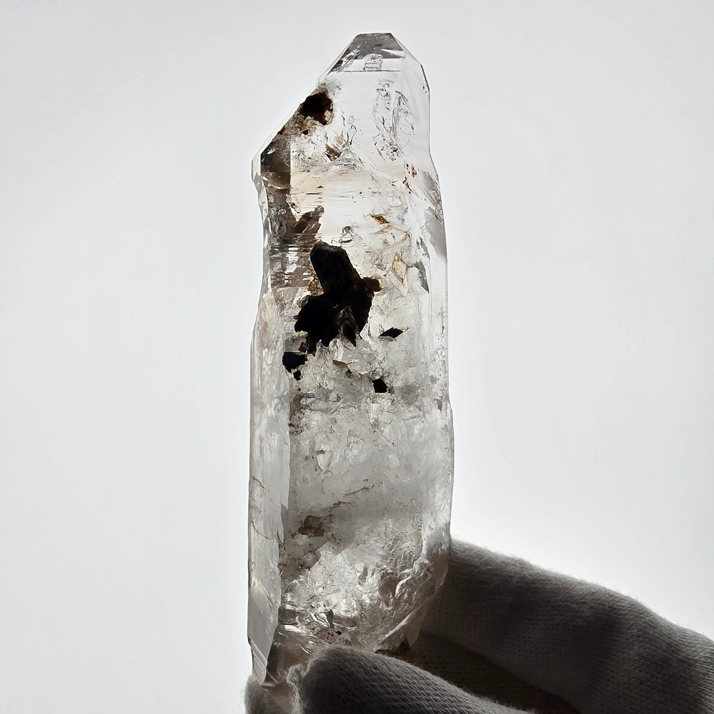 Quartz fumé squelette Enhydro DT, calcite UV, pochette Valentine 3x Bubble, Namibie 118 x 34 x 29 mm