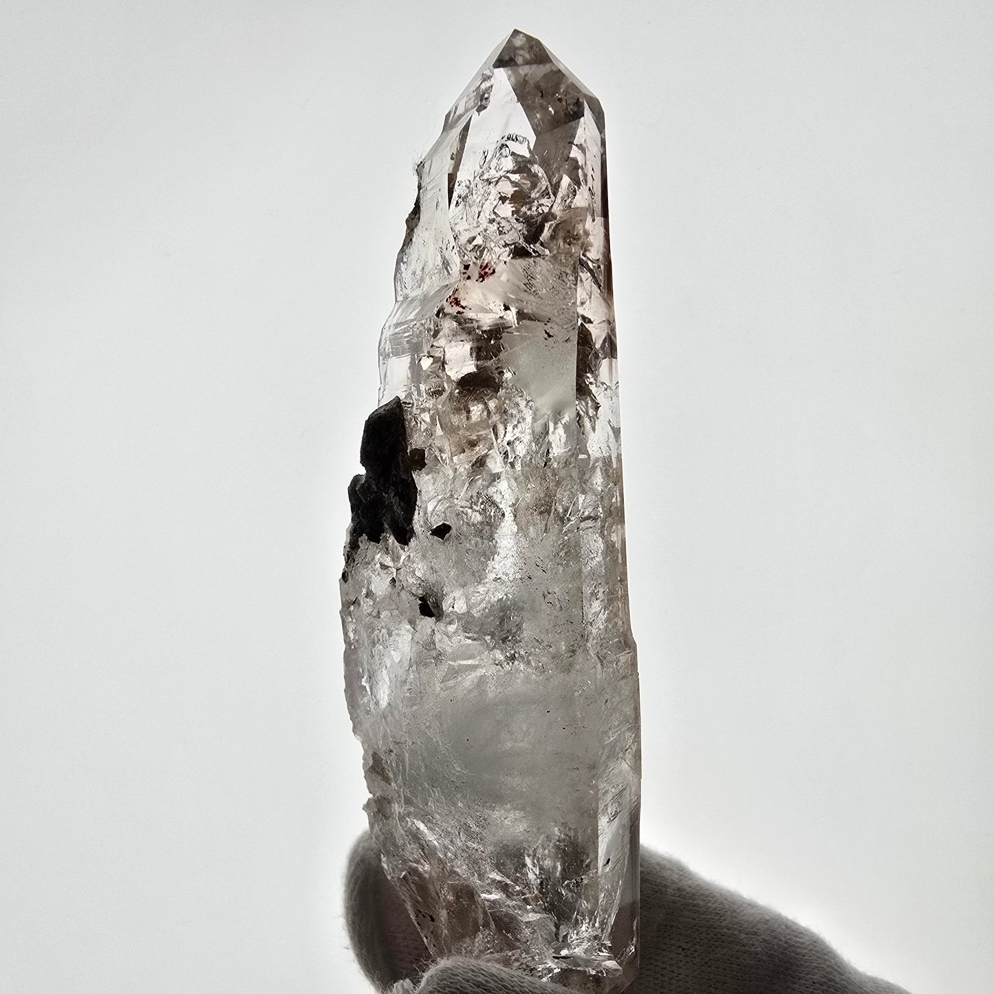 Quartz fumé squelette Enhydro DT, calcite UV, pochette Valentine 3x Bubble, Namibie 118 x 34 x 29 mm