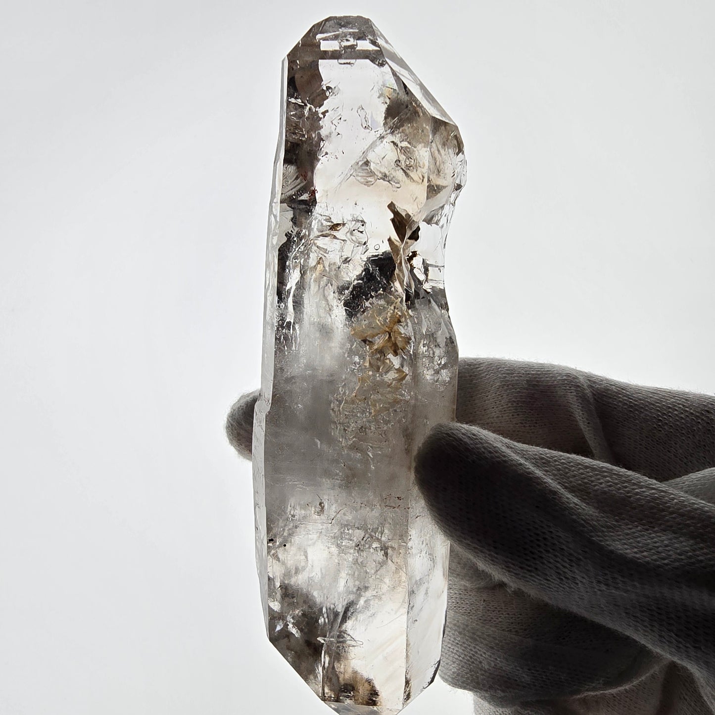 Quartz fumé squelette Enhydro DT, calcite UV, pochette Valentine 3x Bubble, Namibie 118 x 34 x 29 mm