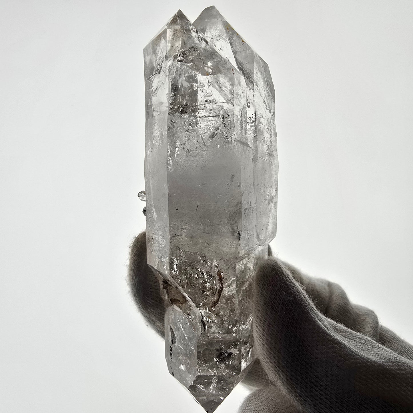 Quartz fumé squelette Enhydro DT, calcite UV, 2x Bubble Valentine Pocket, Namibie 105 x 38 x 32 mm