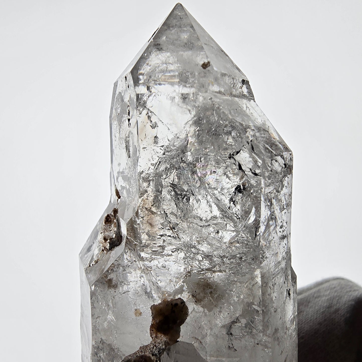 Quartz fumé squelette Enhydro DT, calcite UV, 2x Bubble Valentine Pocket, Namibie 105 x 38 x 32 mm