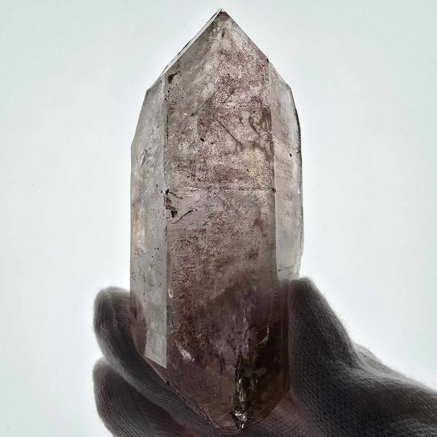 Sceptre fantôme squelette en quartz fumé DT, poche Saint-Valentin en calcite UV, Namibie 97 x 44 x 37 mm