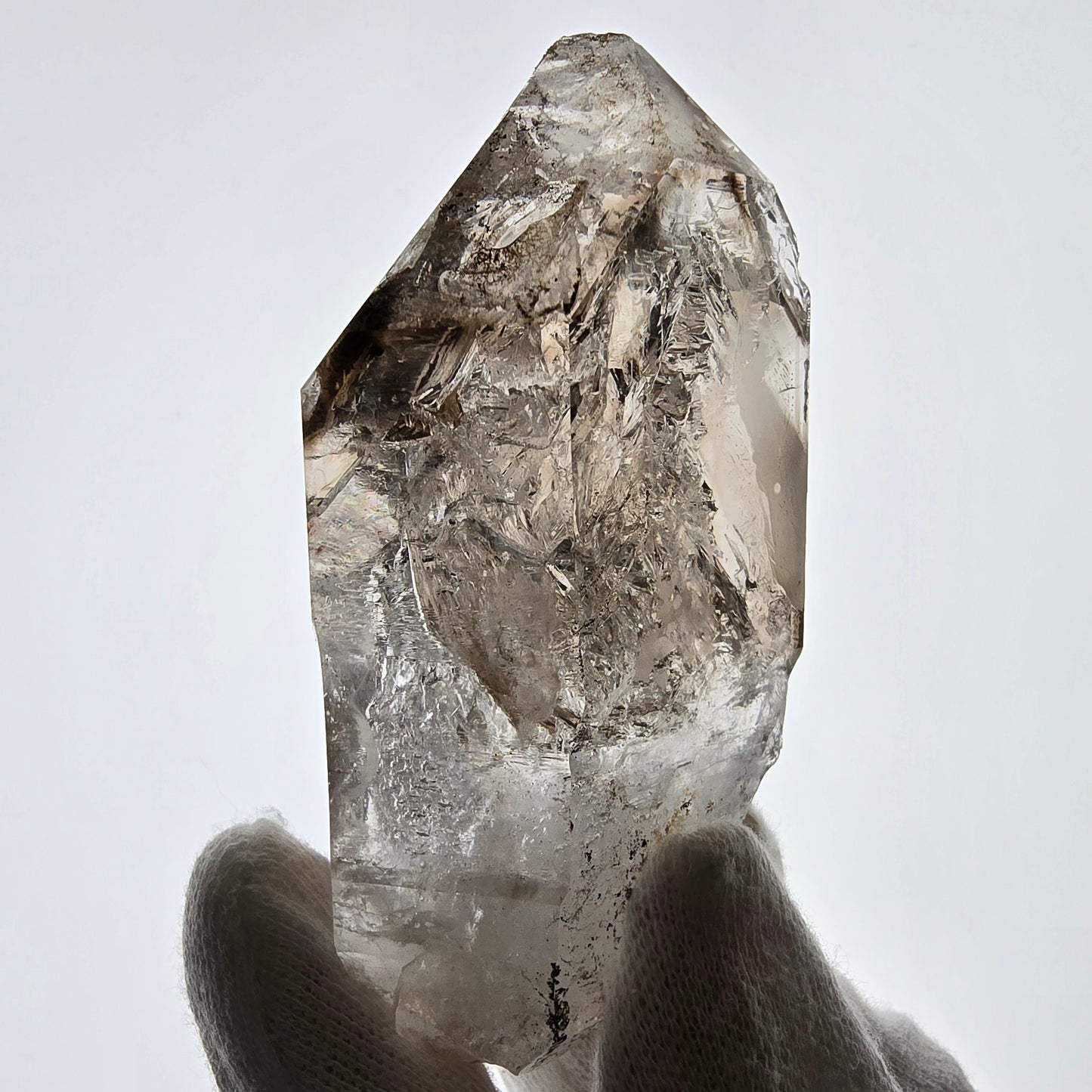 Sceptre fantôme squelette en quartz fumé DT, poche Saint-Valentin en calcite UV, Namibie 89 x 47 x 32 mm