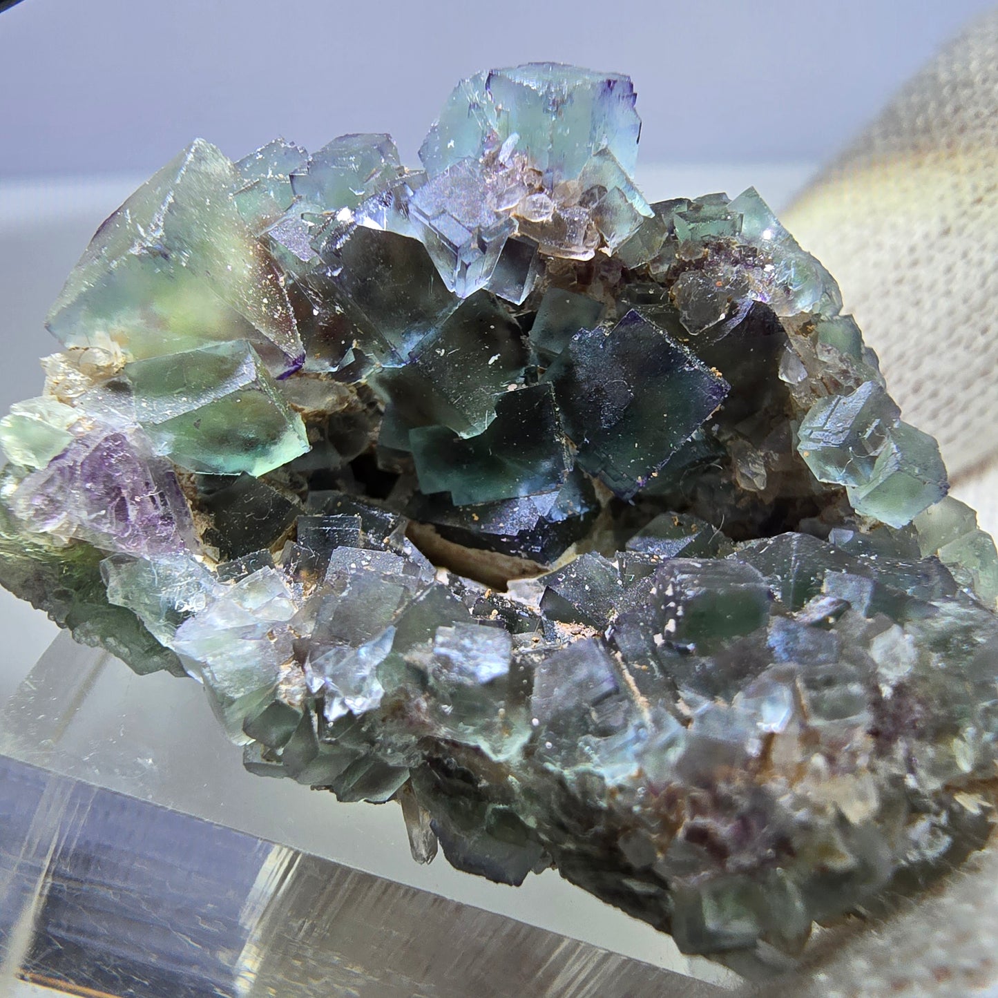 Seltene Phantom Fluorit Würfel Stufe zonal grün lila Okorusu, Namibia 35*35*23mm
