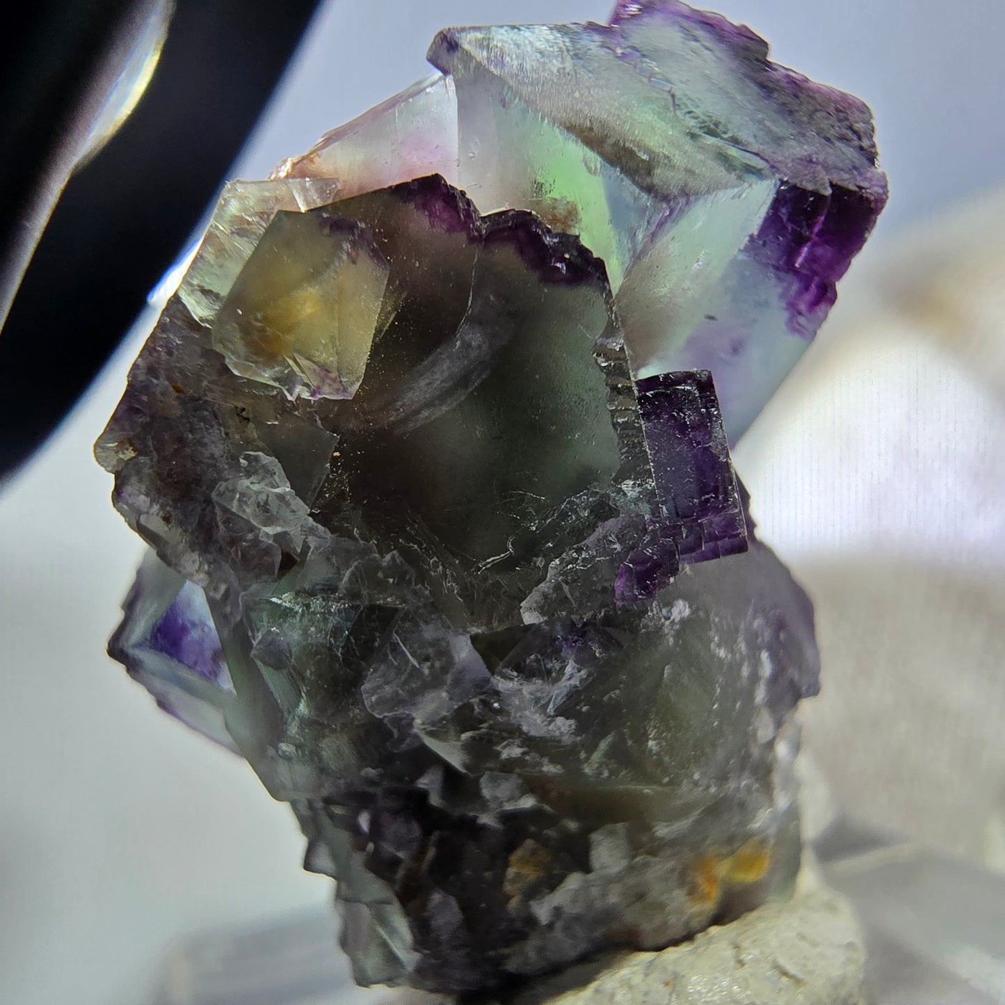 Seltene Phantom Fluorit Würfel Stufe zonal grün lila Okorusu, Namibia 26*26*25mm