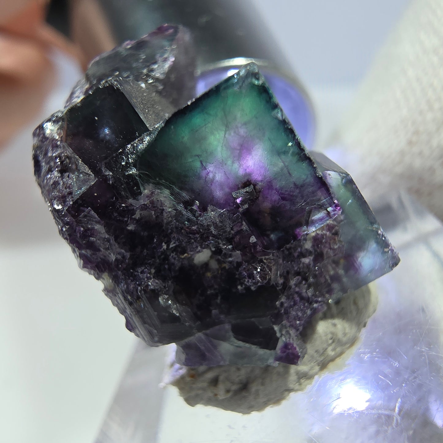 Seltene Phantom Fluorit Würfel Stufe zonal grün lila Okorusu, Namibia 23*19*15mm