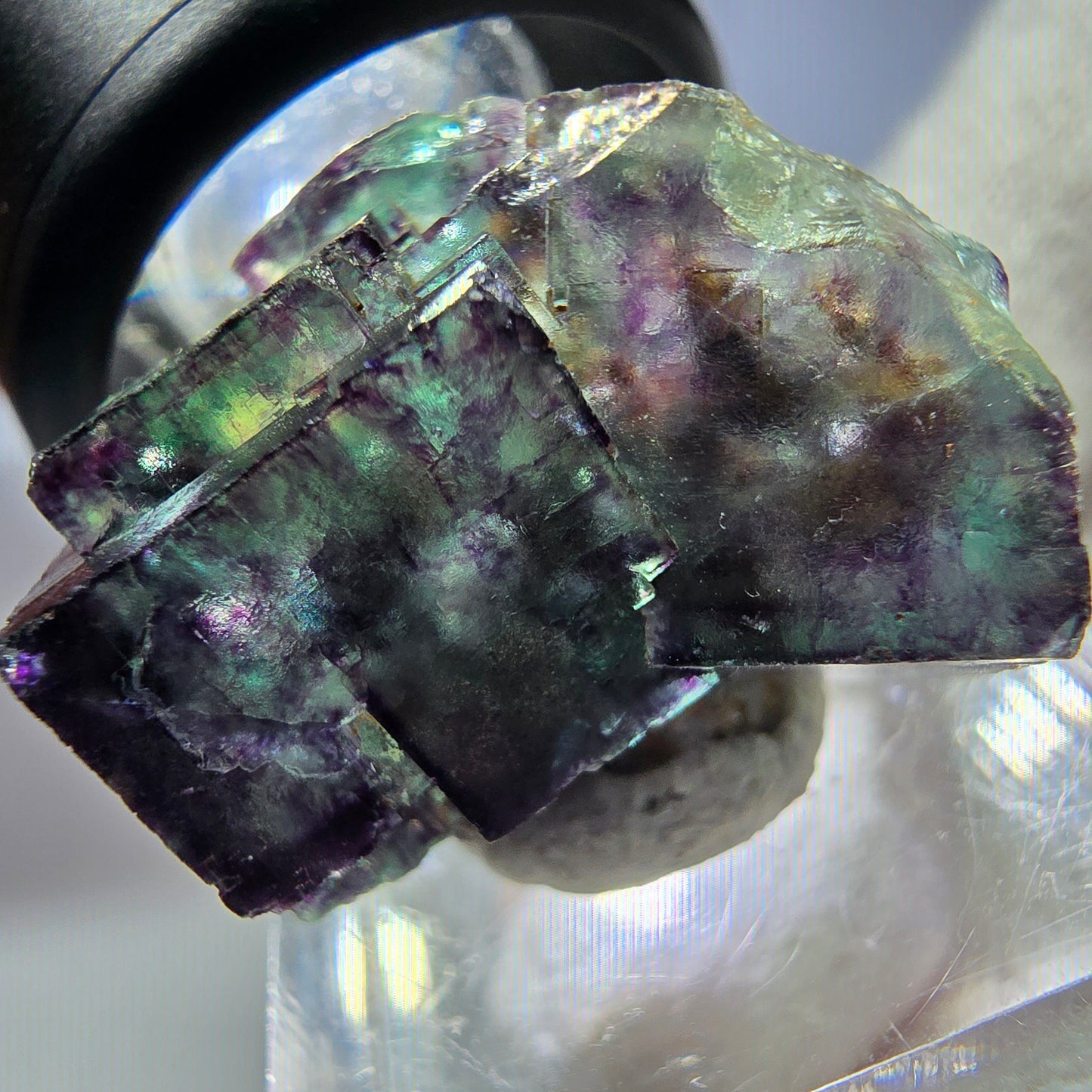 Spécimen rare de cube de fluorite fantôme, vert zonal et violet, Okorusu, Namibie, 28 x 24 x 21 mm