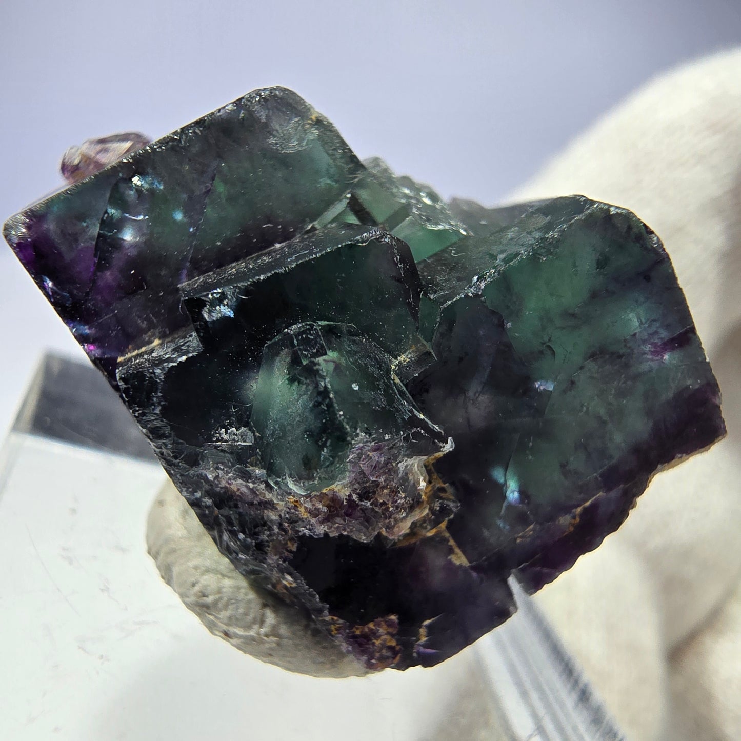 Spécimen rare de cube de fluorite fantôme, vert zonal et violet, Okorusu, Namibie, 29 x 22 x 20 mm