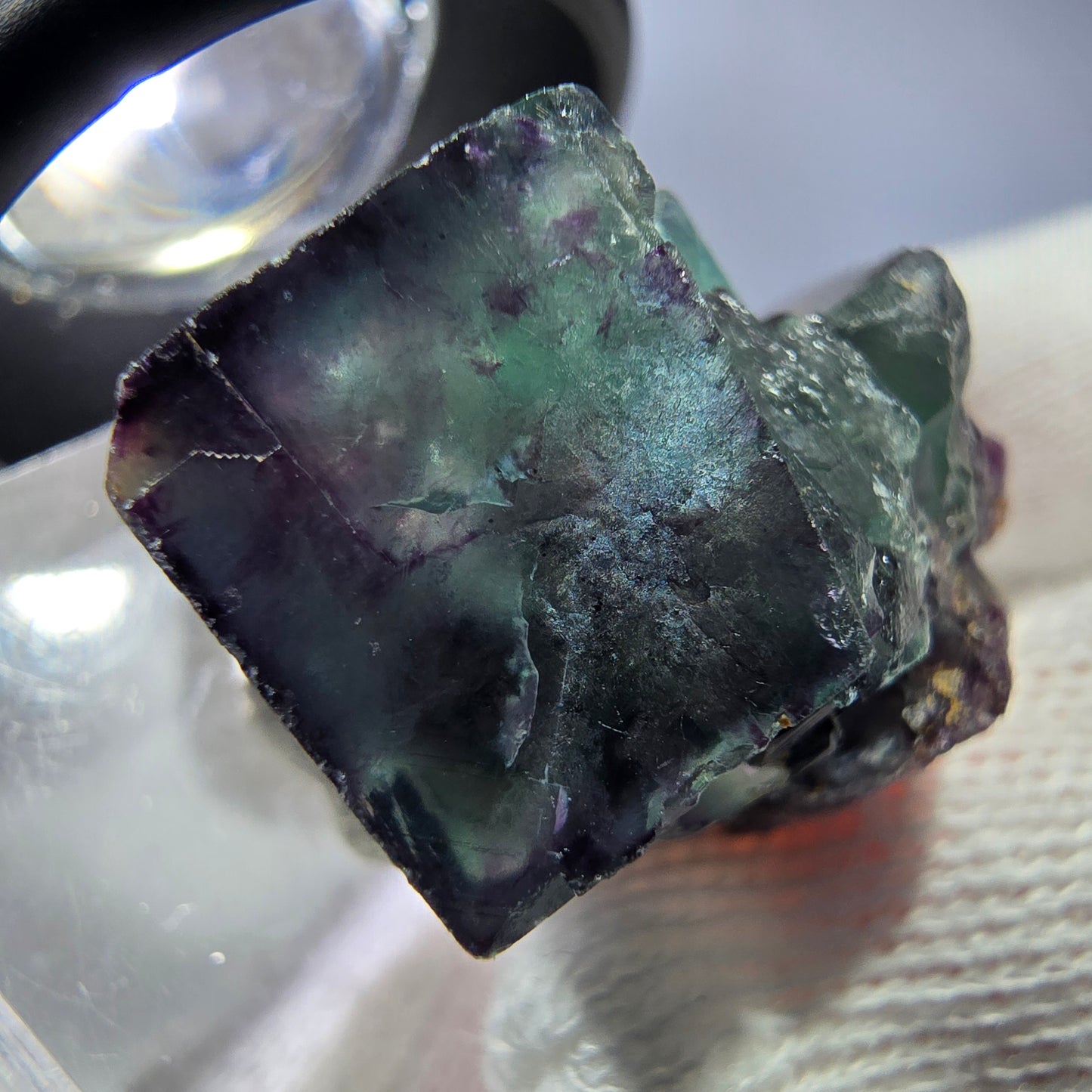 Spécimen rare de cube de fluorite fantôme, vert zonal et violet, Okorusu, Namibie, 29 x 22 x 20 mm