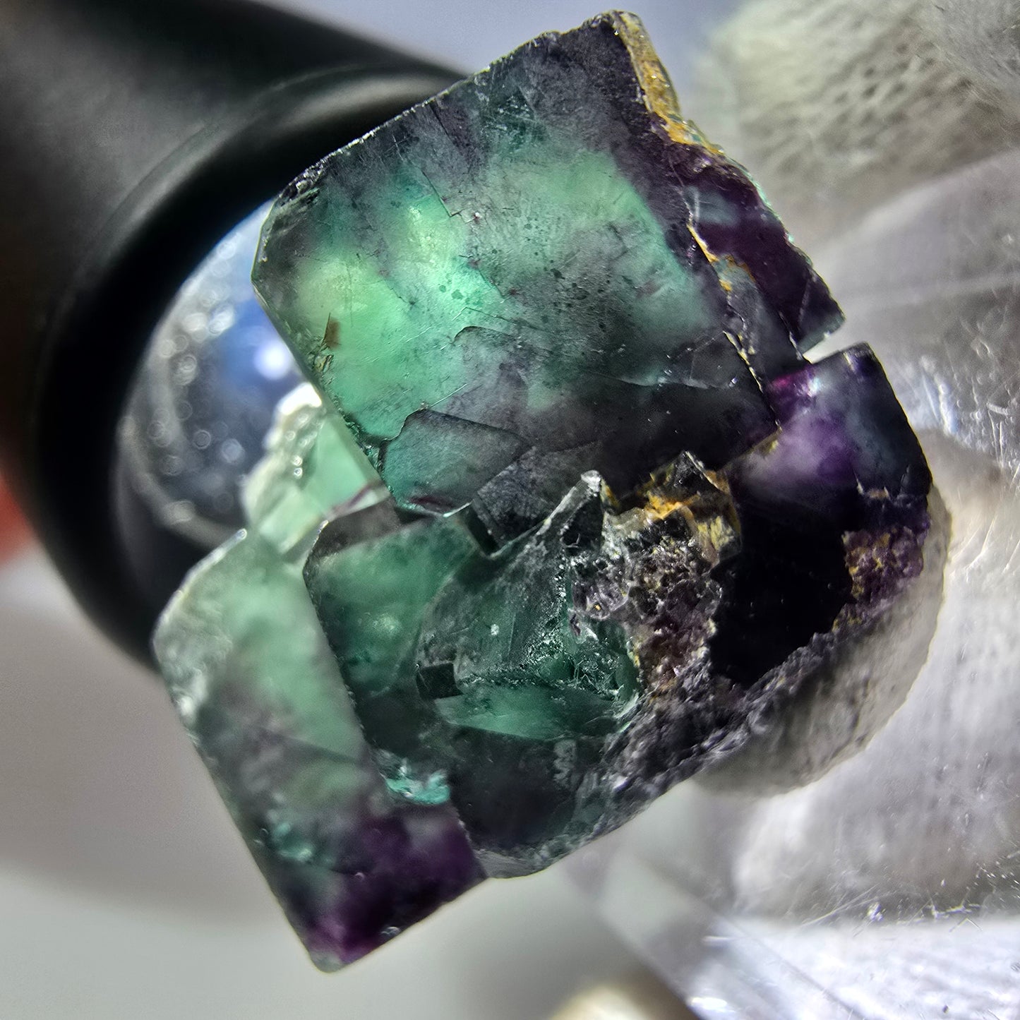 Spécimen rare de cube de fluorite fantôme, vert zonal et violet, Okorusu, Namibie, 29 x 22 x 20 mm