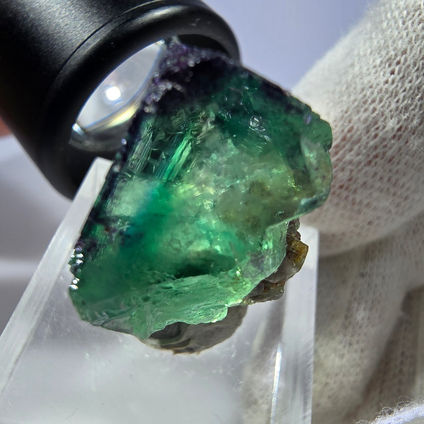 Rare spécimen de cube de fluorite fantôme, vert-violet zonal, Okorusu, Namibie, 26 x 21 x 18 mm