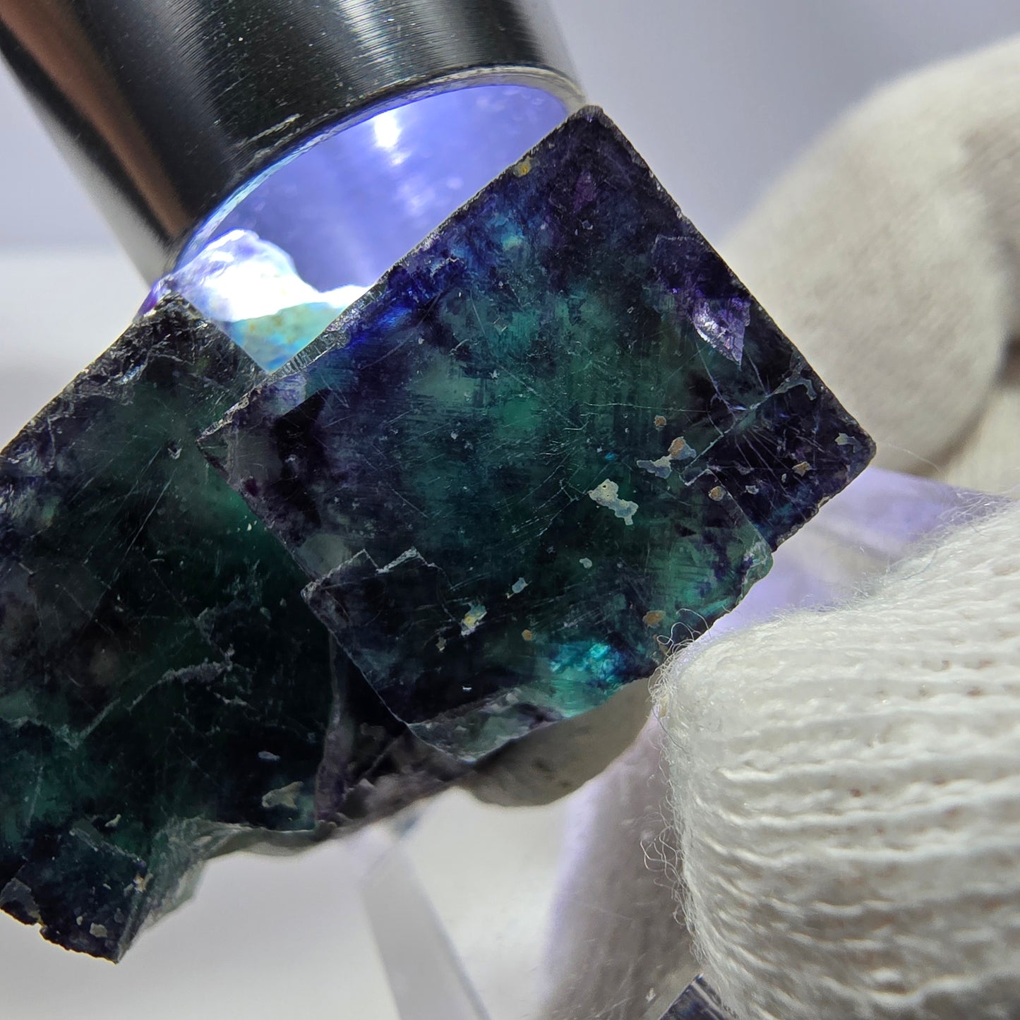 Rare spécimen de cube de fluorite fantôme, vert-violet zonal, Okorusu, Namibie, 39 x 24 x 16 mm