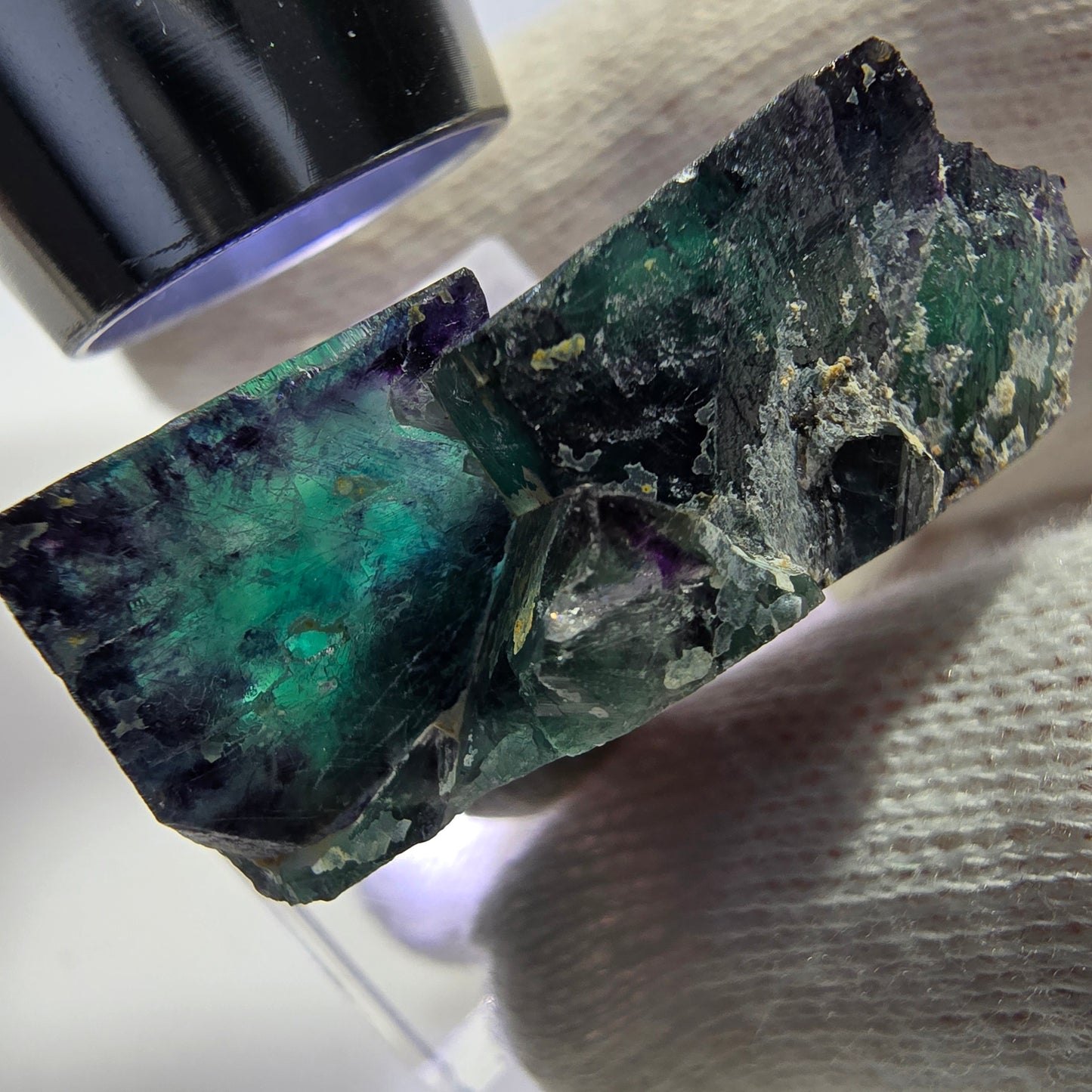 Rare spécimen de cube de fluorite fantôme, vert-violet zonal, Okorusu, Namibie, 39 x 24 x 16 mm
