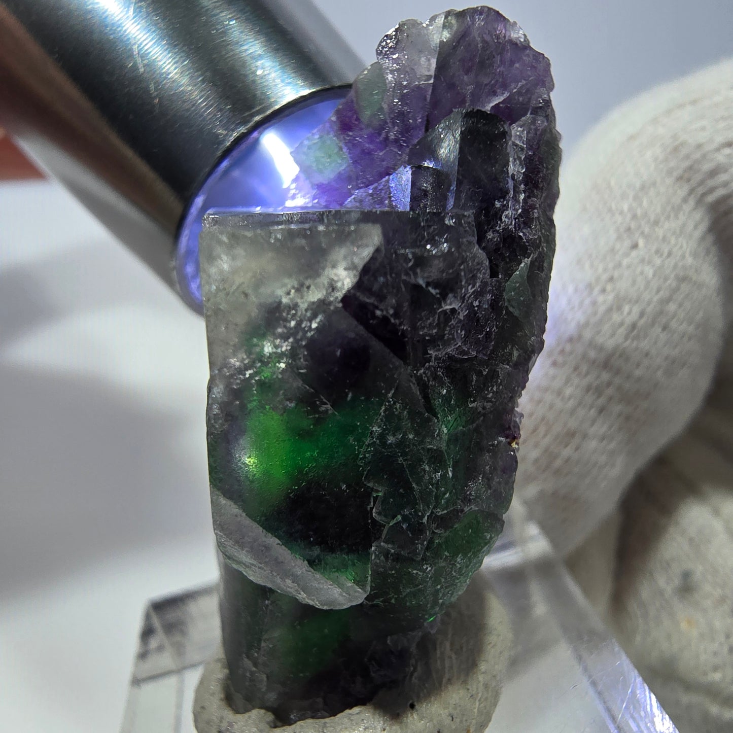 Spécimen rare de cube de fluorite fantôme, vert zonal et violet, Okorusu, Namibie, 40 x 23 x 18 mm