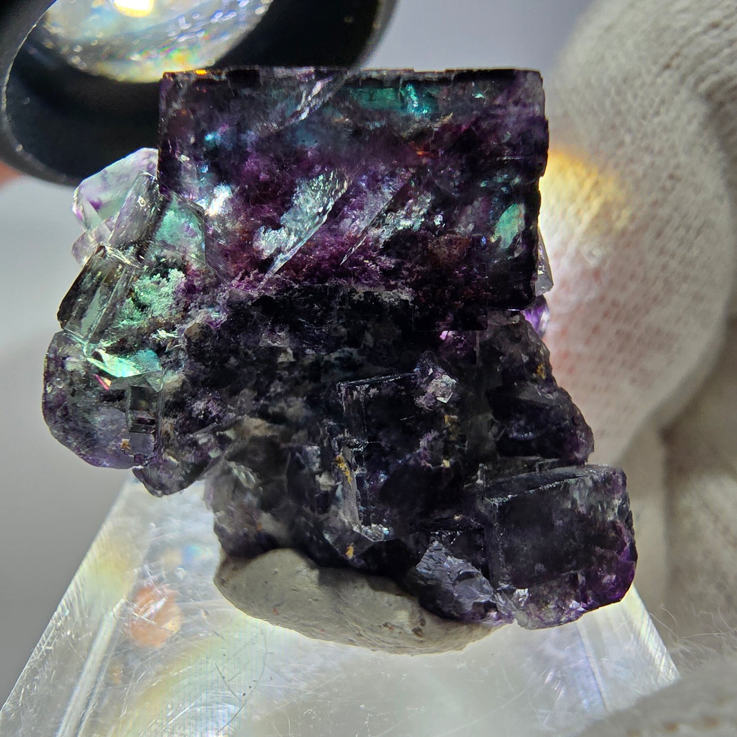 Spécimen rare de cube de fluorite fantôme, vert zonal et violet, Okorusu, Namibie, 32 x 29 x 18 mm