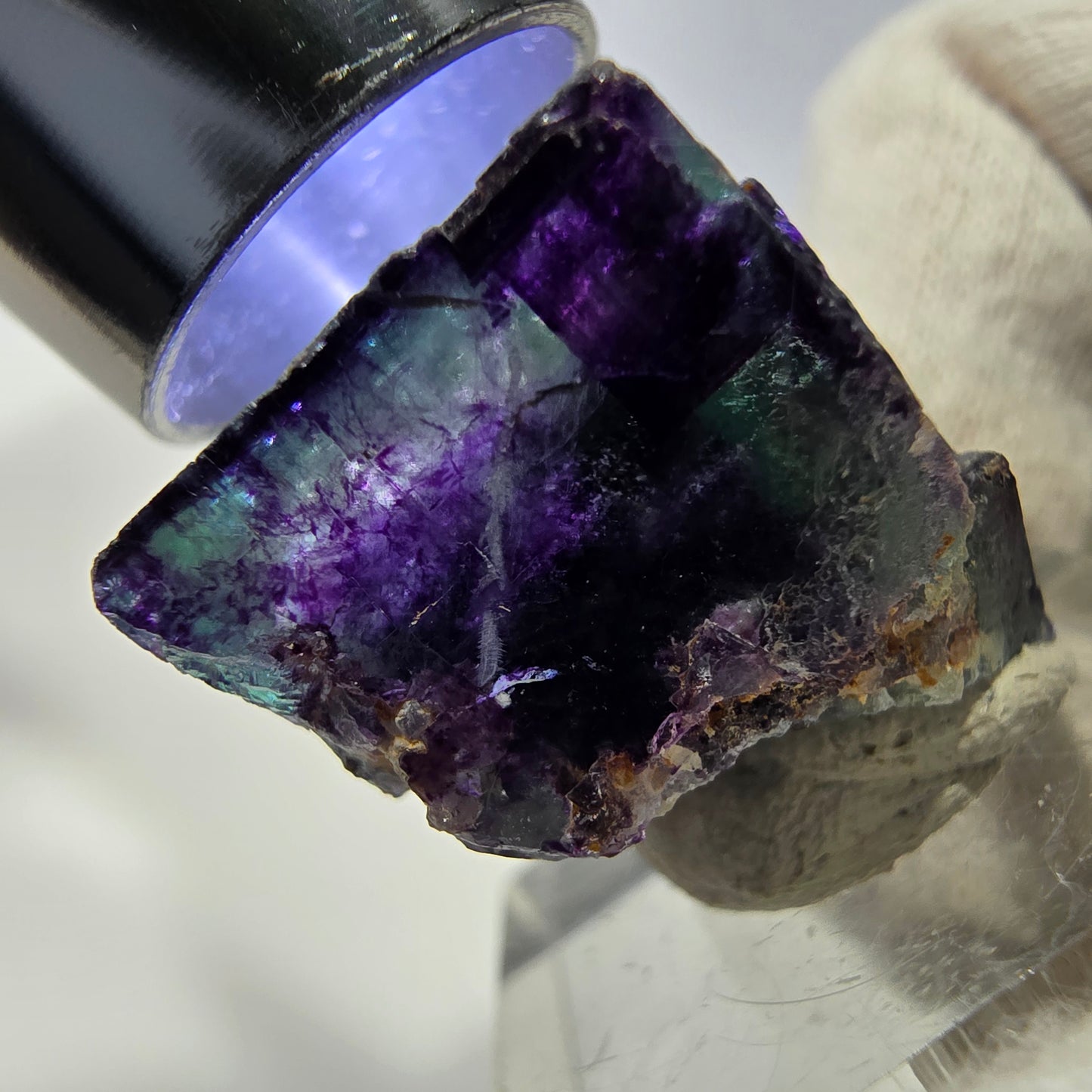 Spécimen rare de cube de fluorite fantôme, vert-violet zonal, Okorusu, Namibie, 33 x 27 x 21 mm
