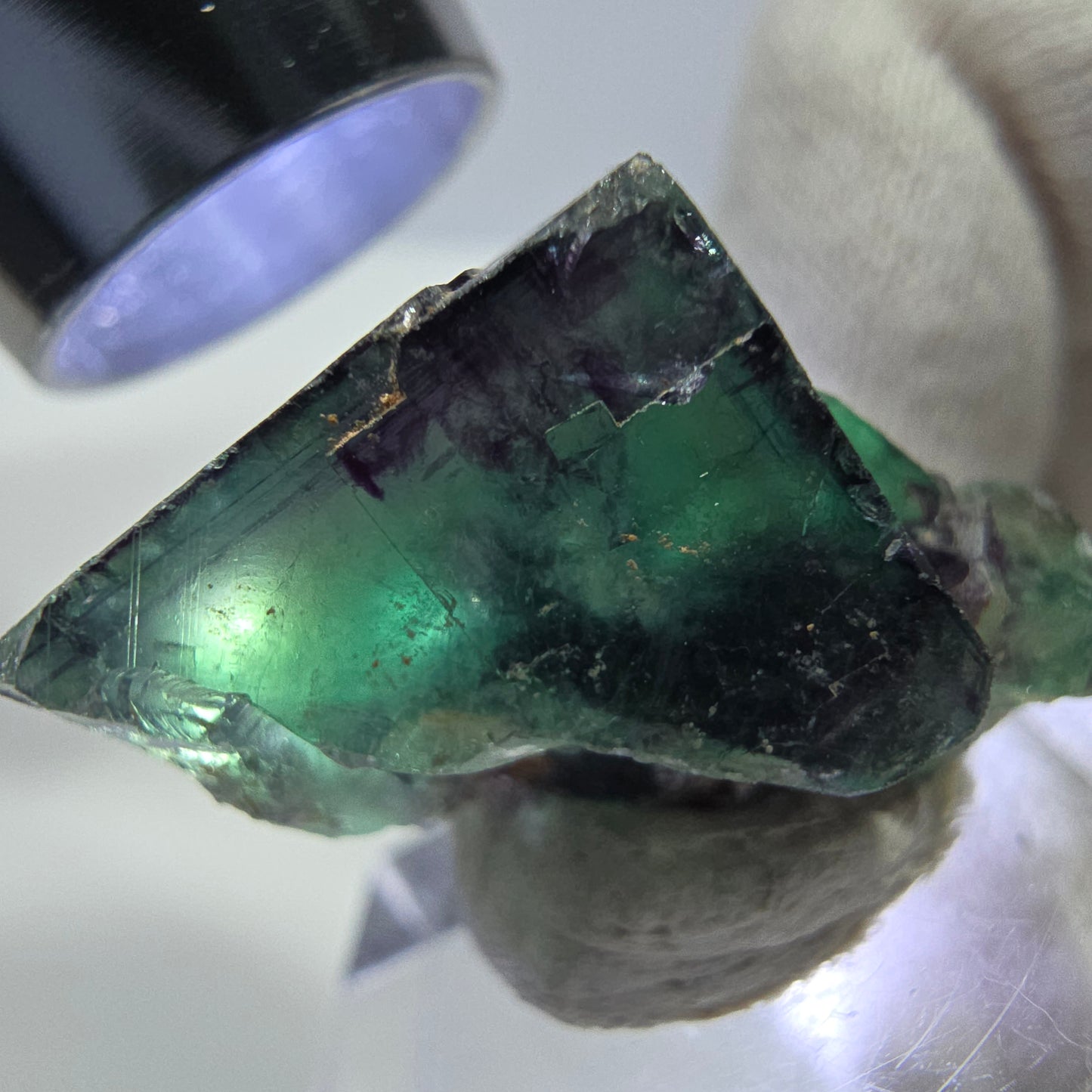 Spécimen rare de cube de fluorite fantôme, vert zonal et violet, Okorusu, Namibie, 29 x 21 x 18 mm