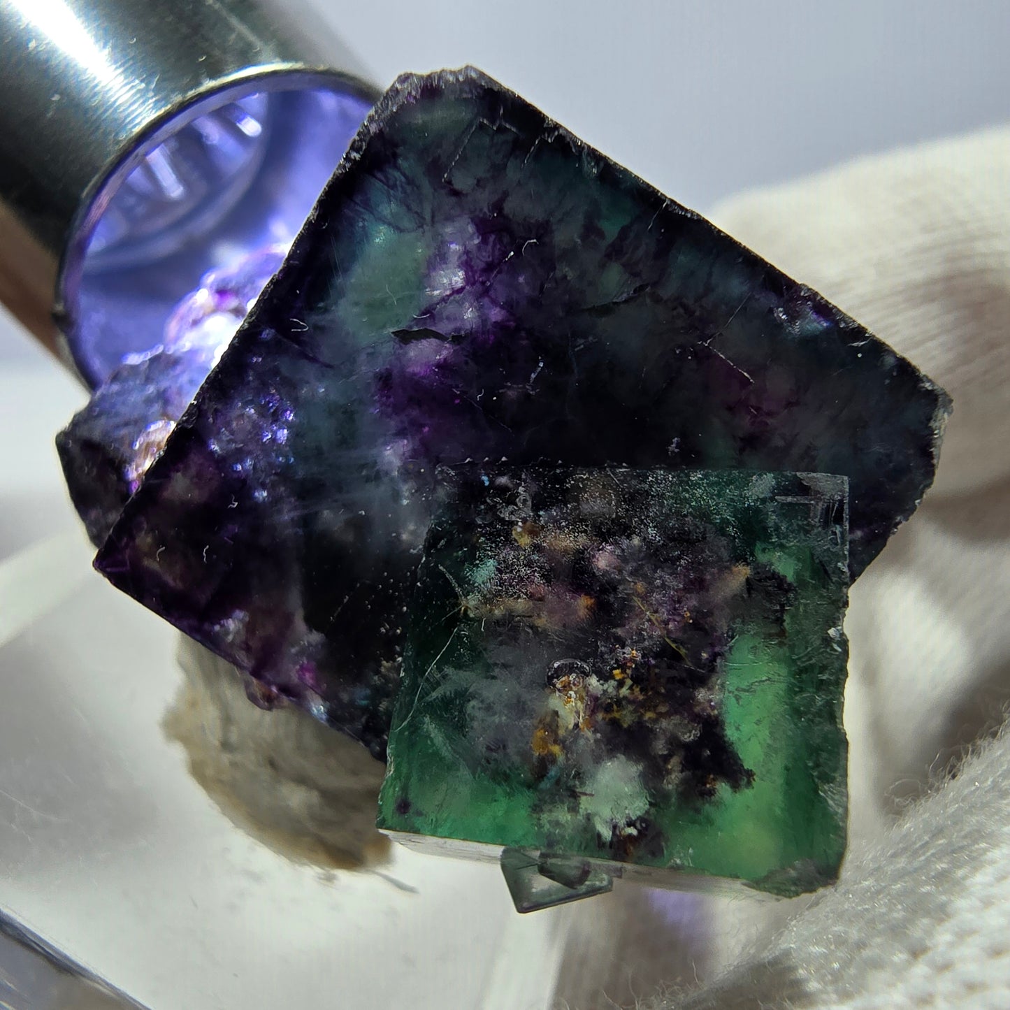 Spécimen zonal de cube de fluorite fantôme, vert violet, Okorusu, Namibie, 37 x 27 x 24 mm