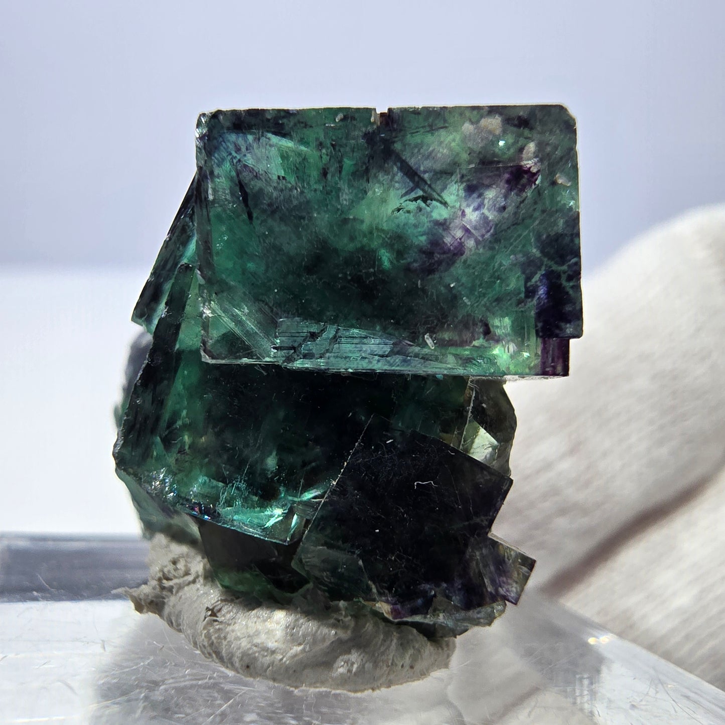 Spécimen zonal de cube de fluorite fantôme, vert violet, Okorusu, Namibie, 32 x 23 x 17 mm