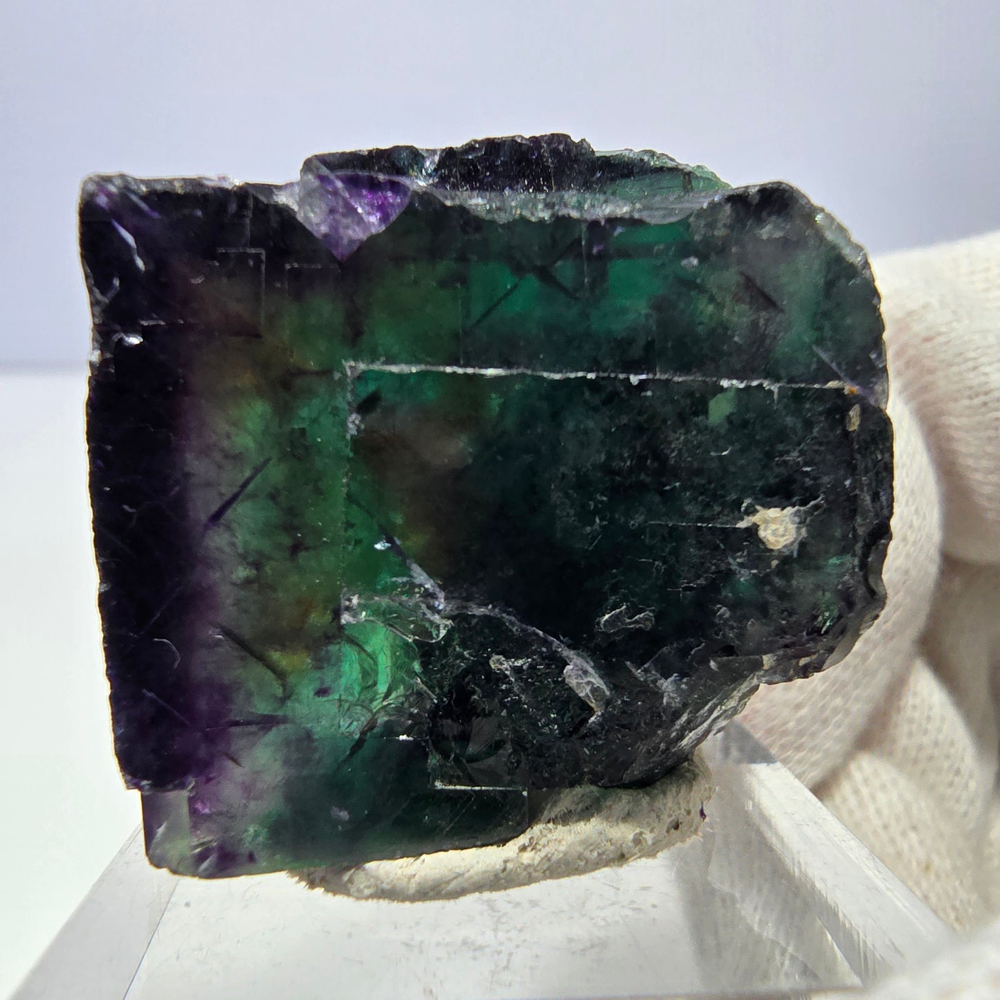 Spécimen zonal de cube de fluorite fantôme, vert violet, Okorusu, Namibie, 31 x 27 x 20 mm