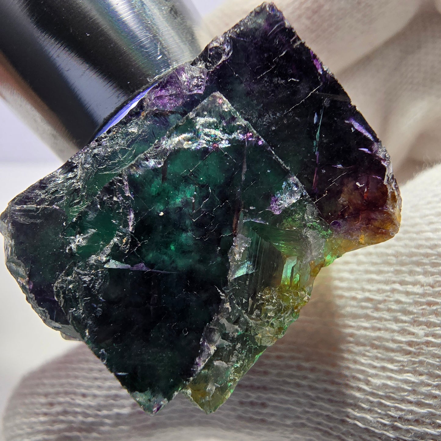 Spécimen zonal de cube de fluorite fantôme, vert violet, Okorusu, Namibie, 31 x 27 x 20 mm