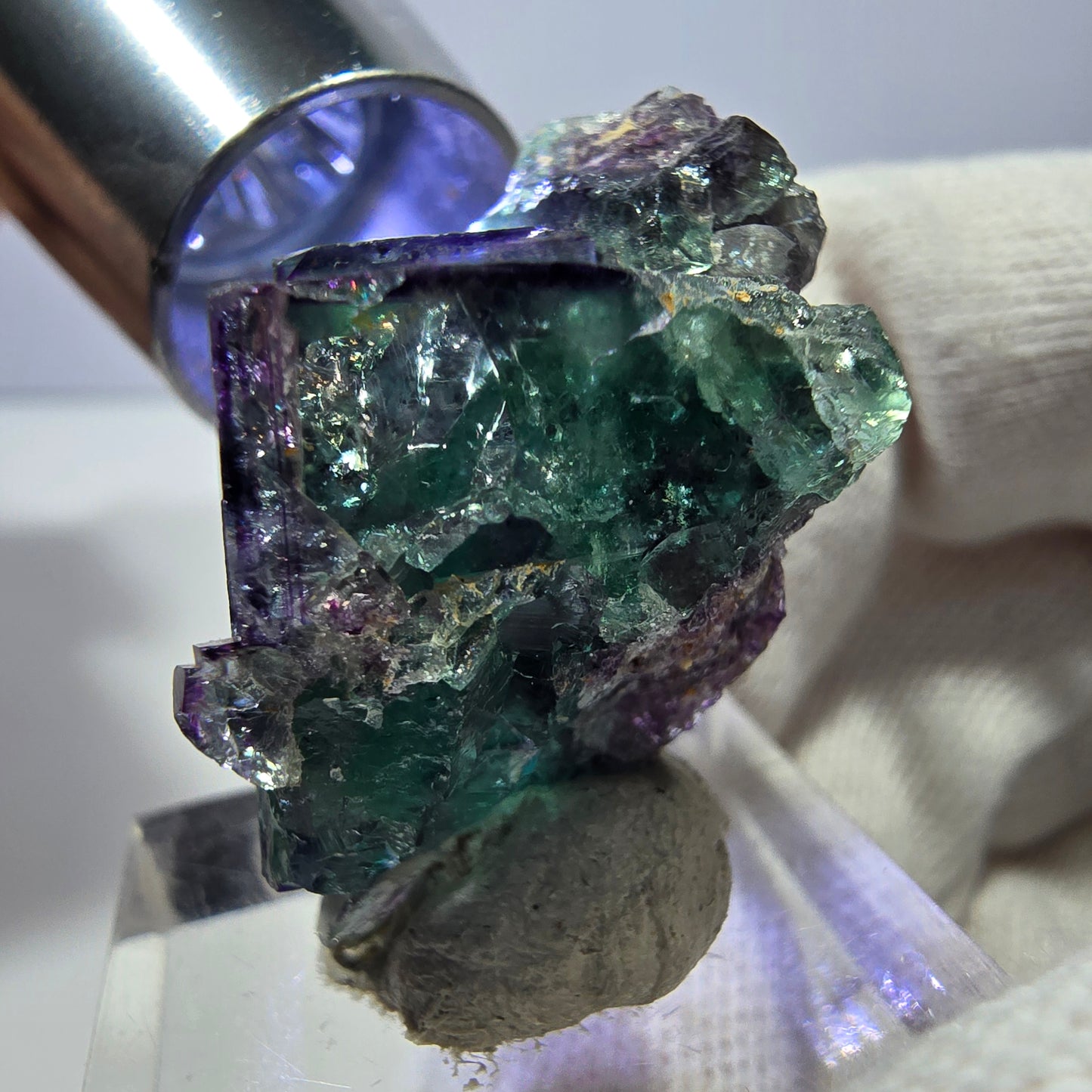 Spécimen zonal de cube de fluorite fantôme, vert violet, Okorusu, Namibie, 34 x 24 x 20 mm